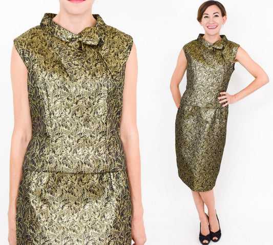 1950s Gold Brocade Dress & Top Set, Metallic Party Ensemble, Medium
