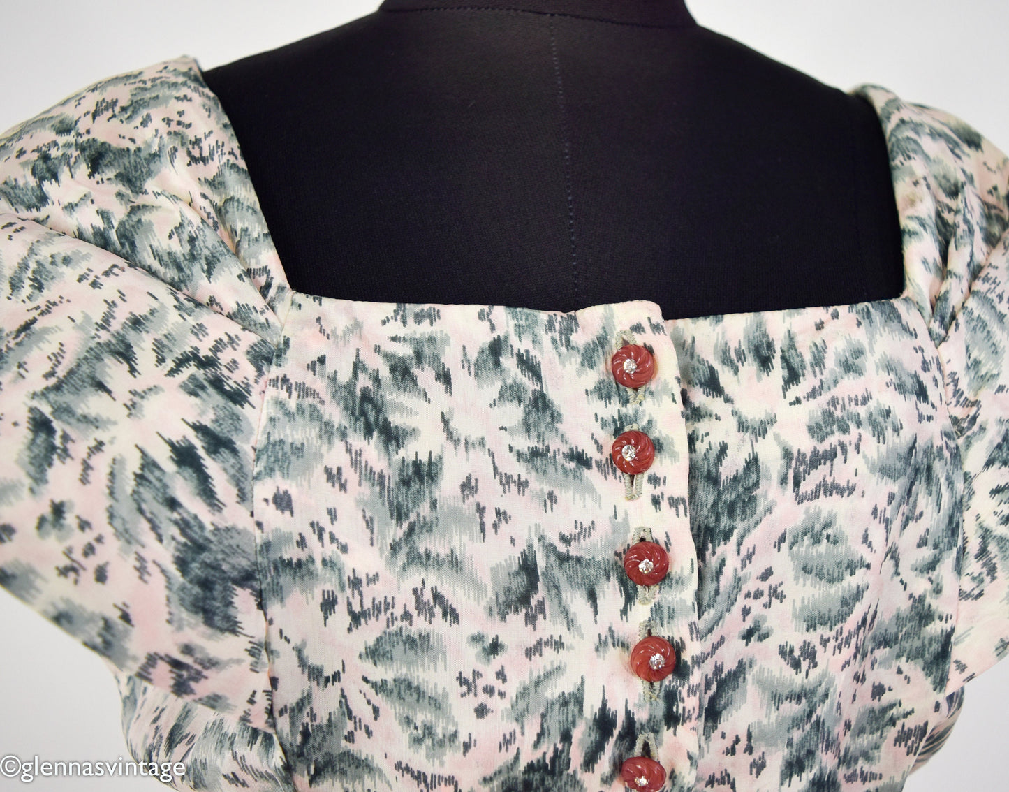 1950s Gray & Pink Floral Silk Party Dress, Medium