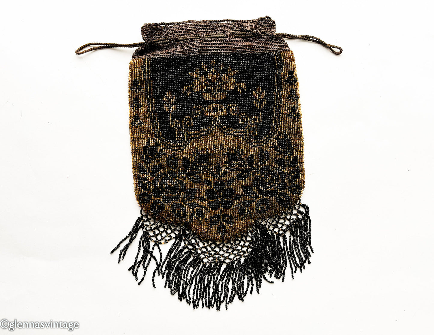 1900 Colorful Floral Beaded Purse | Brown & Black Beaded Bag
