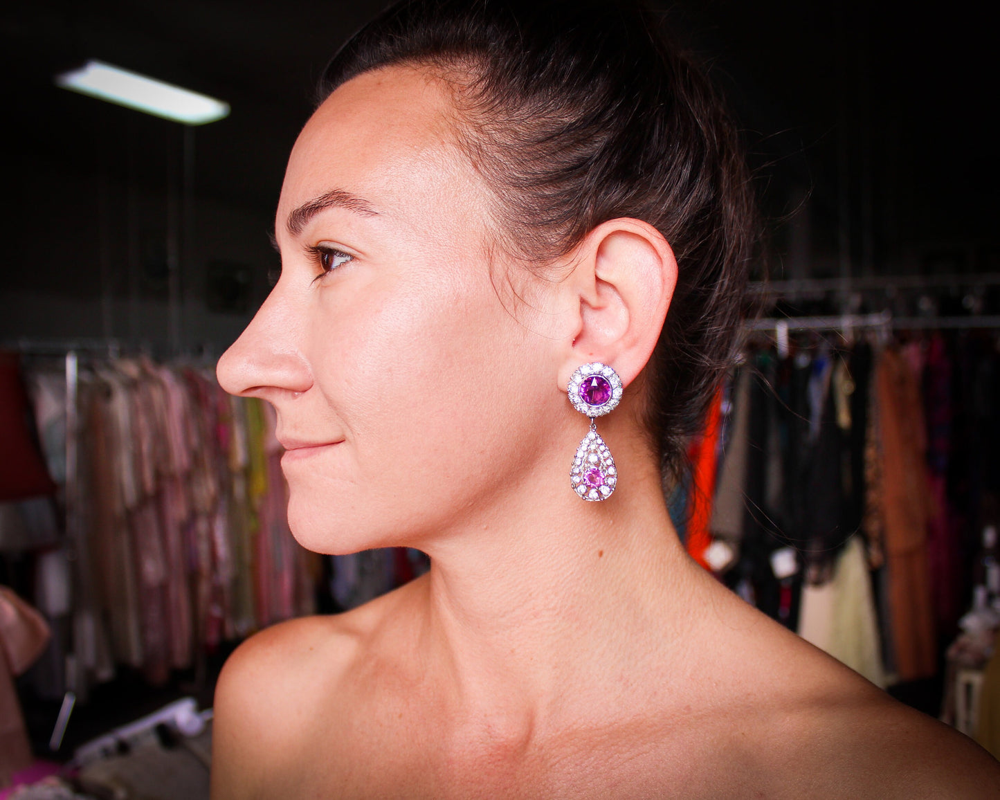 1960s Purple Rhinestone Dangle Earrings | 60s Purple & Rhinestone Drop Earrings