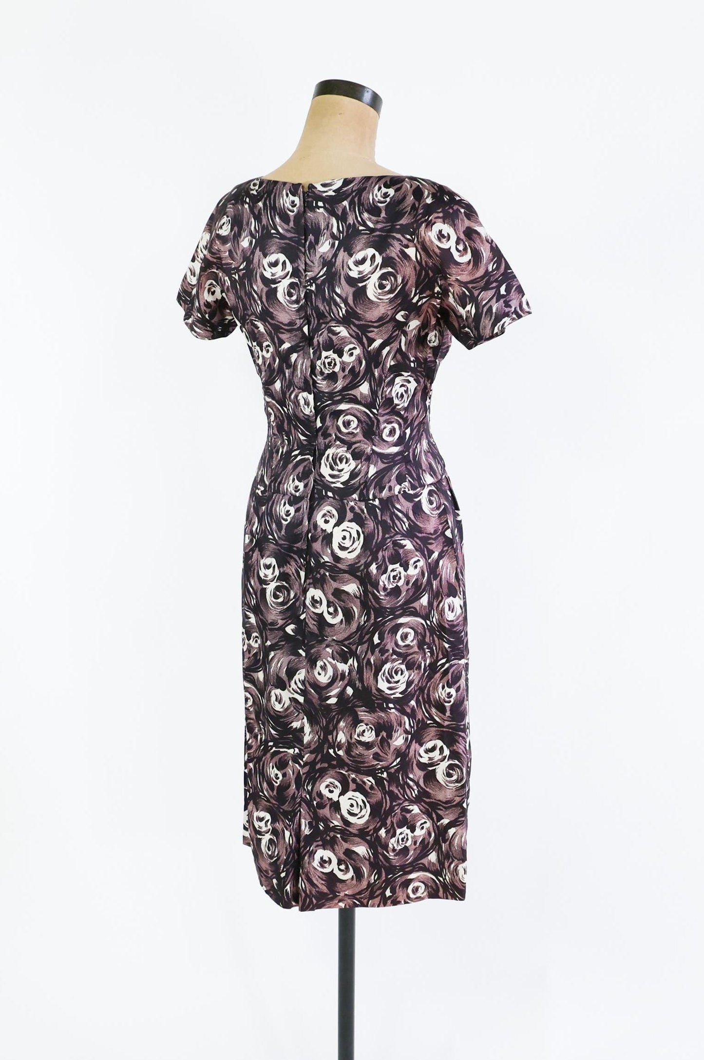 1950s Black & Gray Rose Print Dress, Small