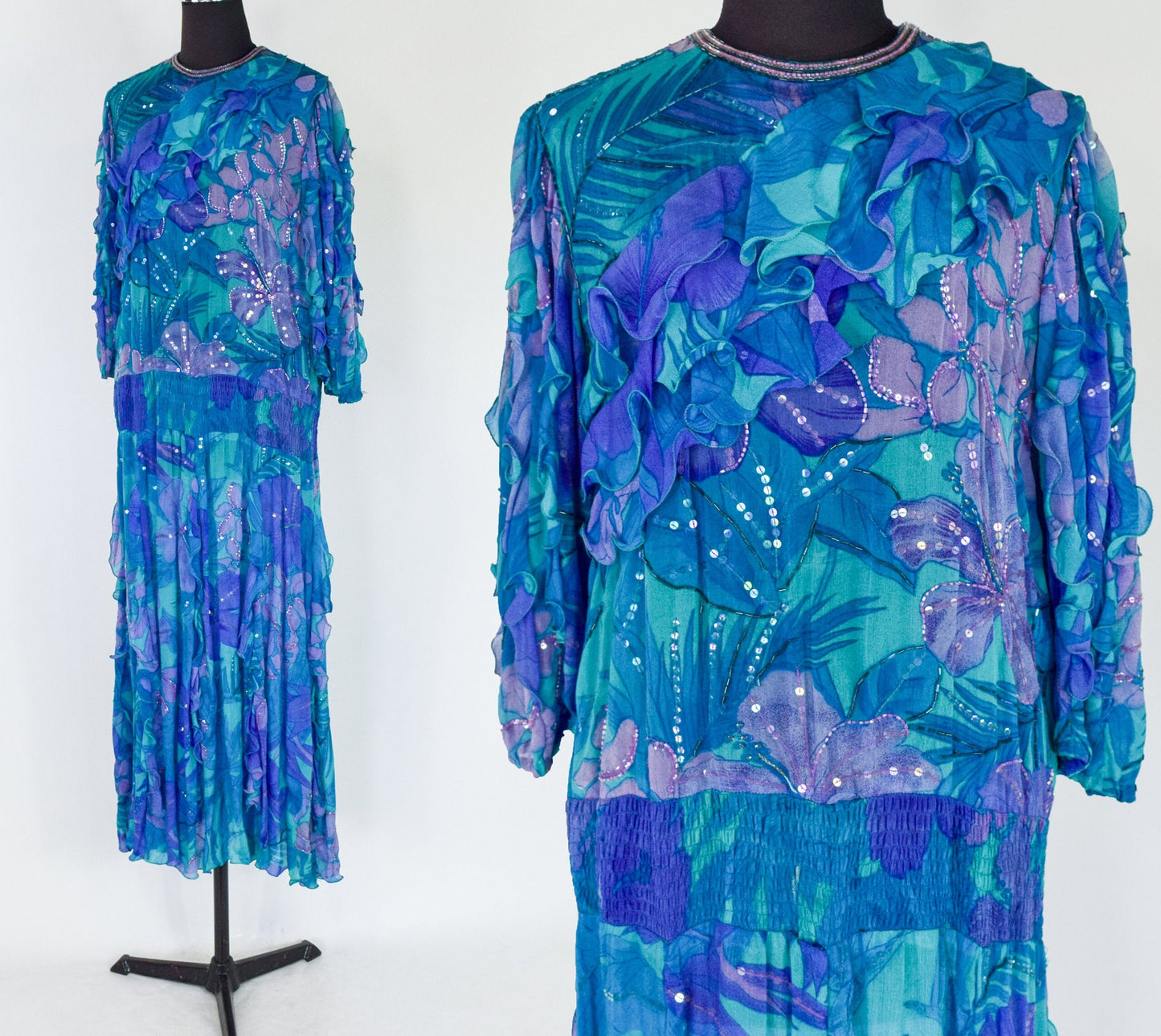 1980s Blue Silk Chiffon Ruffled Party Dress | 80s Blue Beaded Chiffon Dress | Judith Ann Creations | Medium