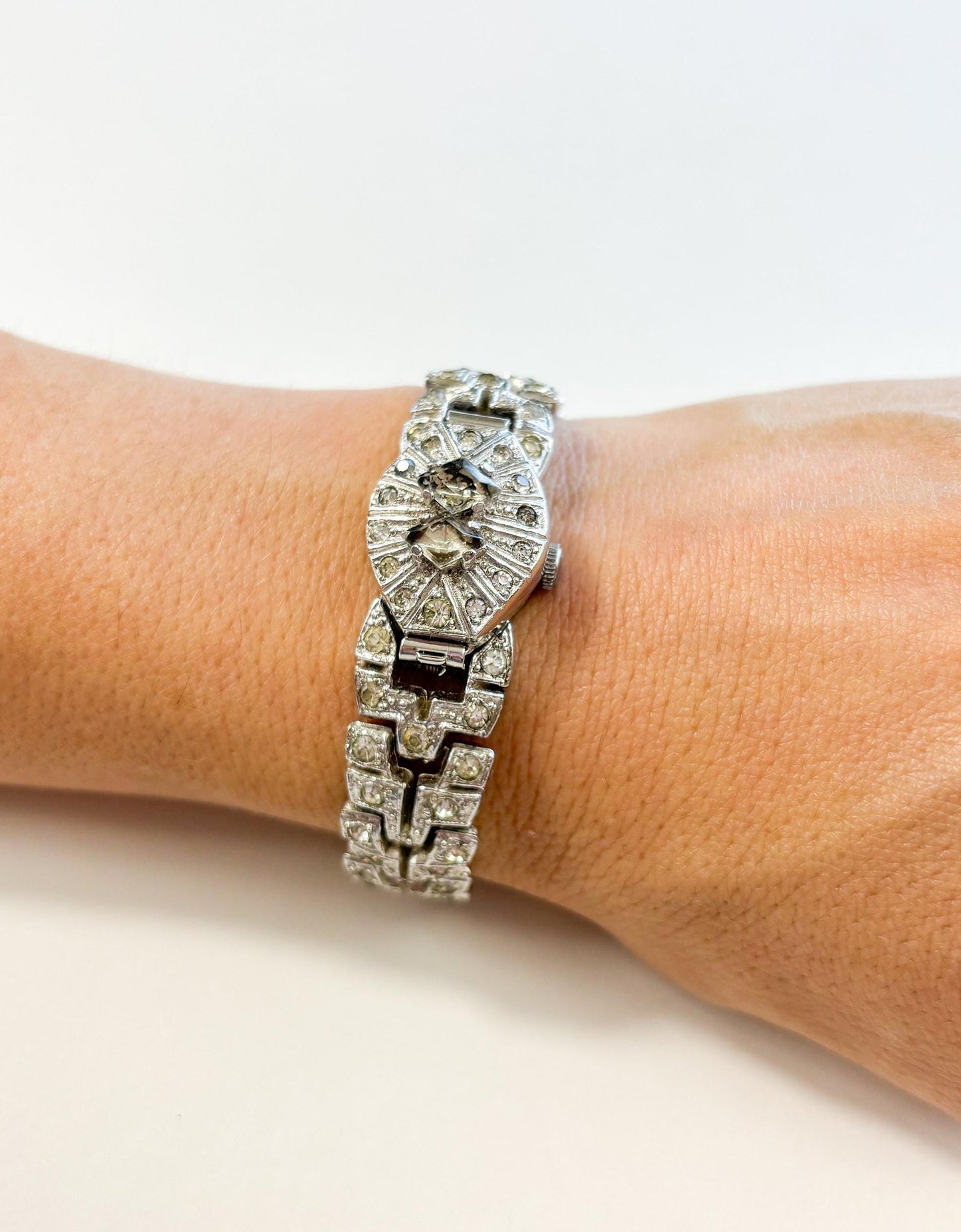 1930s Vintage Rhinestone Watch Bracelet, Art Deco Evening Glamour