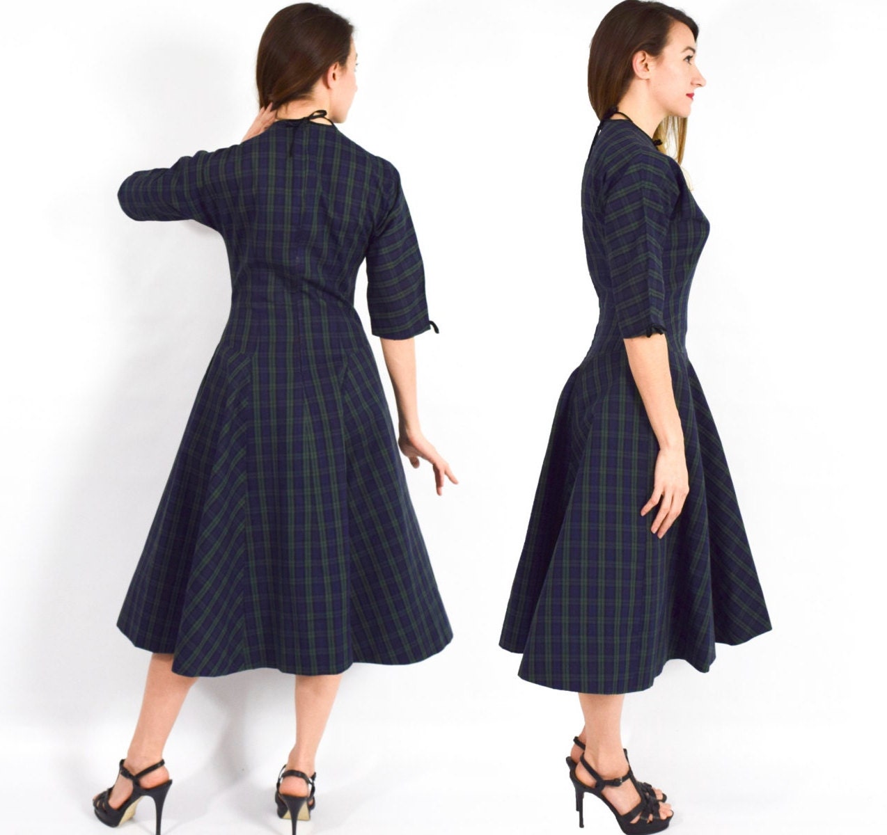 1950s Navy & Green Plaid Cotton Dress, Medium