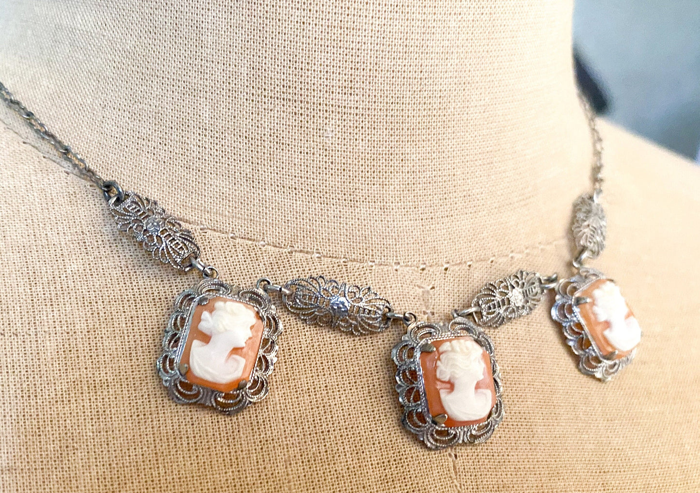 1920s Sterling Silver Cameo Necklace, Filigree Shell Cameos