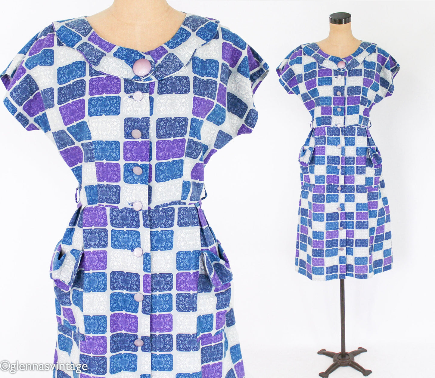 1950s Blue Purple Print Cotton Day Dress Rockabilly, Large