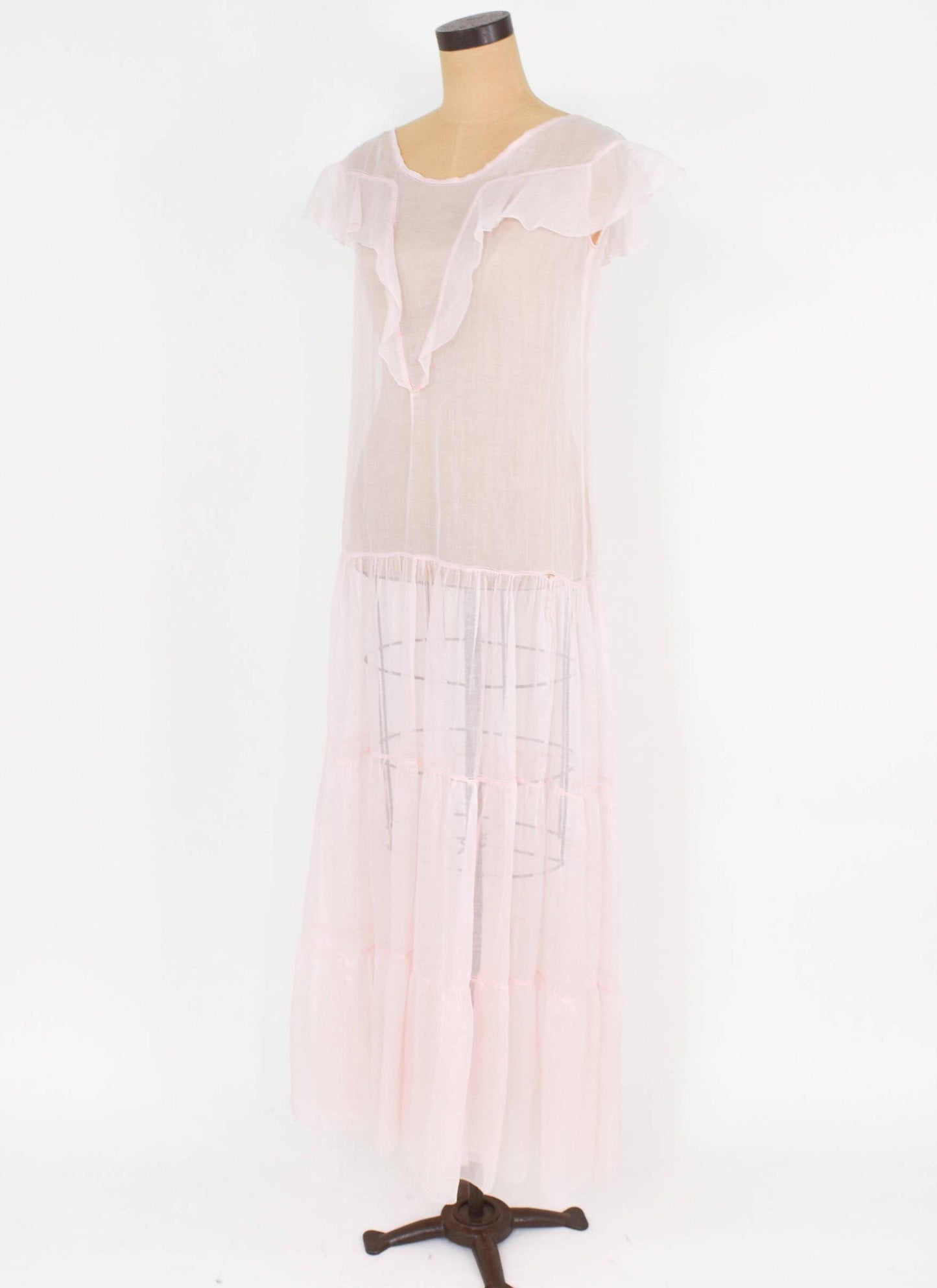 1930s Pale Pink Organza Evening Dress with Ruffle Trim, Medium