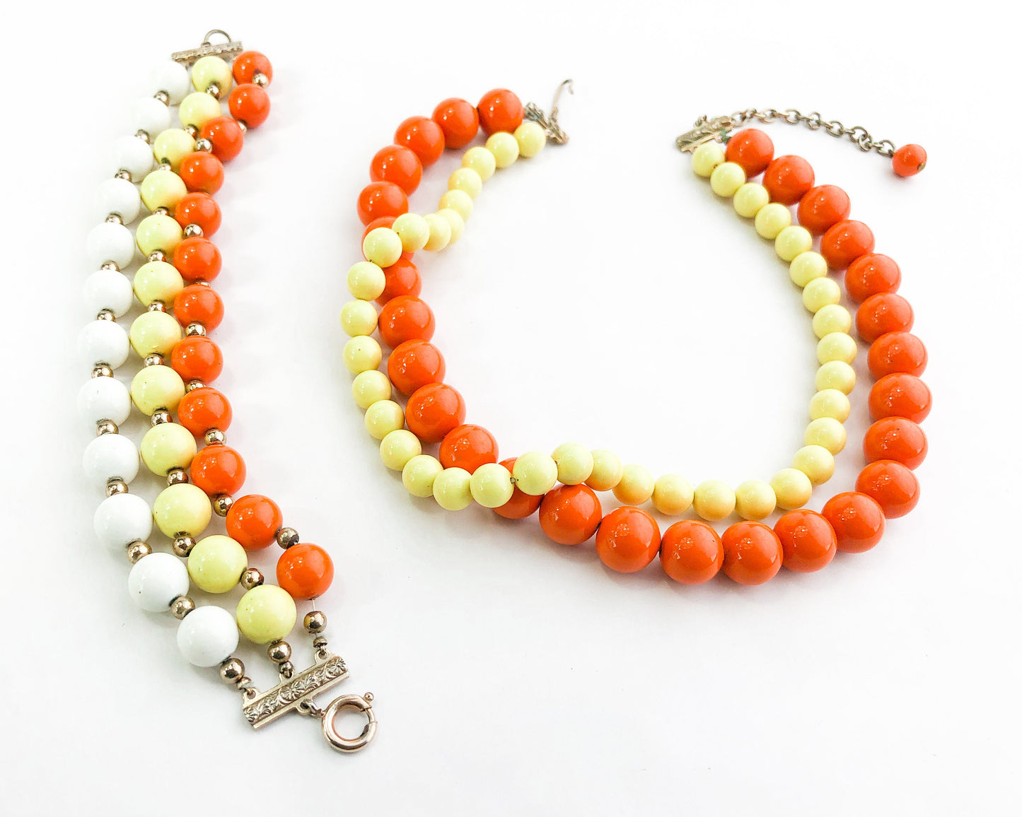 1960s Orange Beaded Necklace Set | 60s Yellow & Orange Plastic Choker Bracelet Set