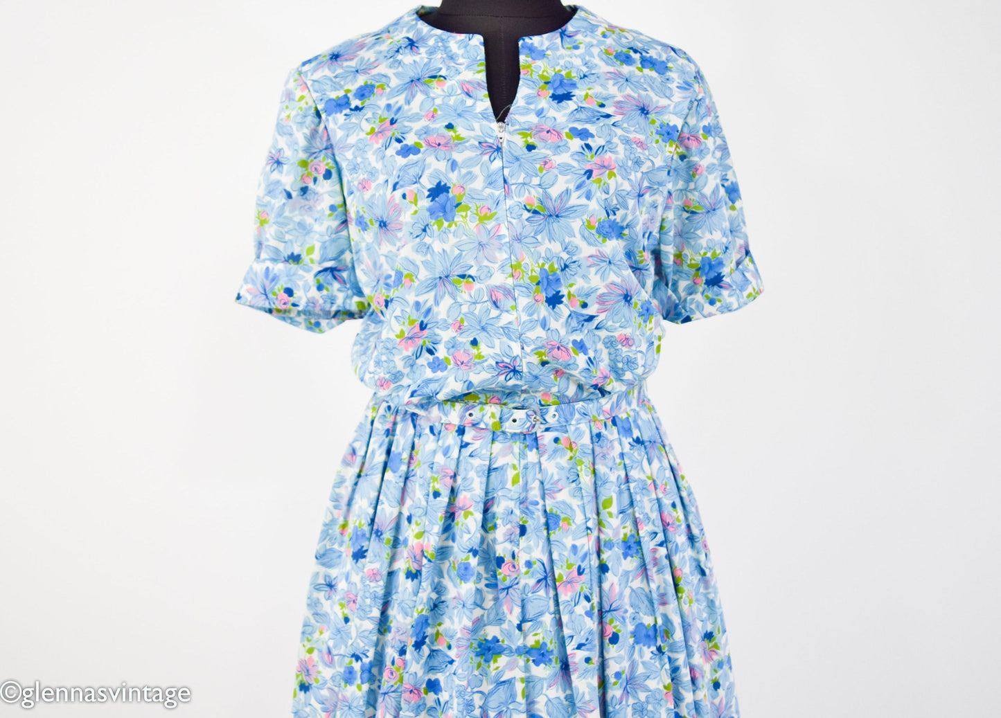 1950s Blue Floral Nylon Day Dress, Medium