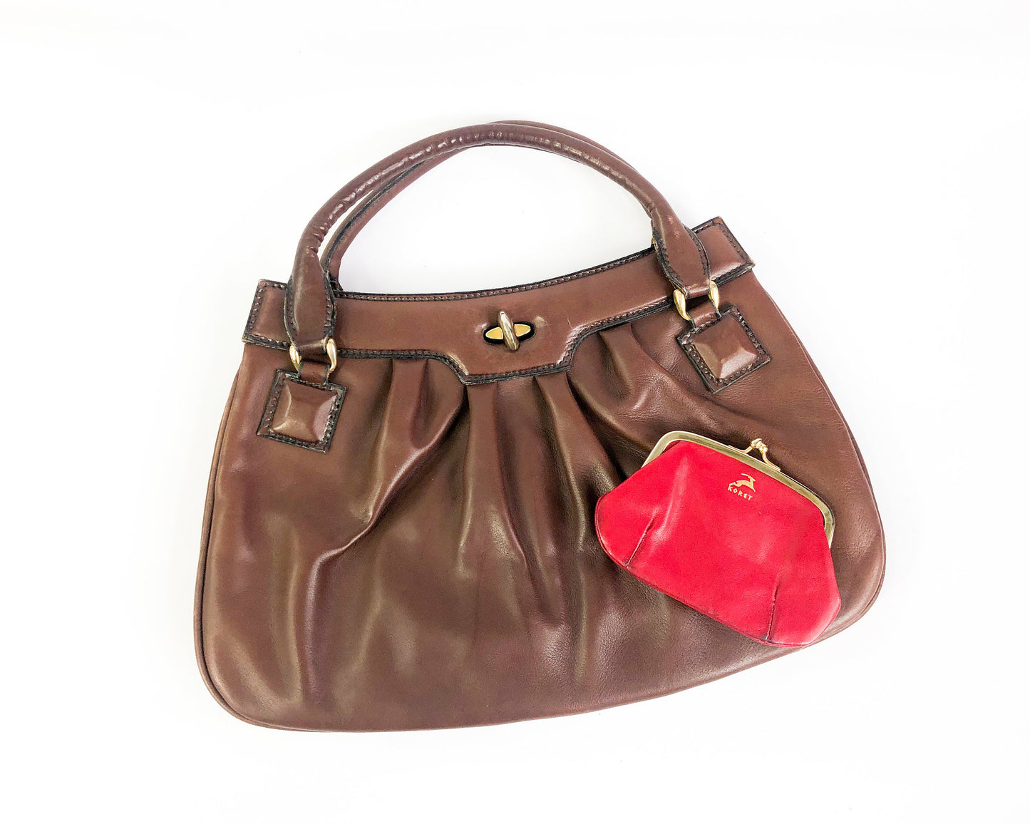 1950s Brown Leather Handbag | 50s Brown & Red Leather Handbag | Koret