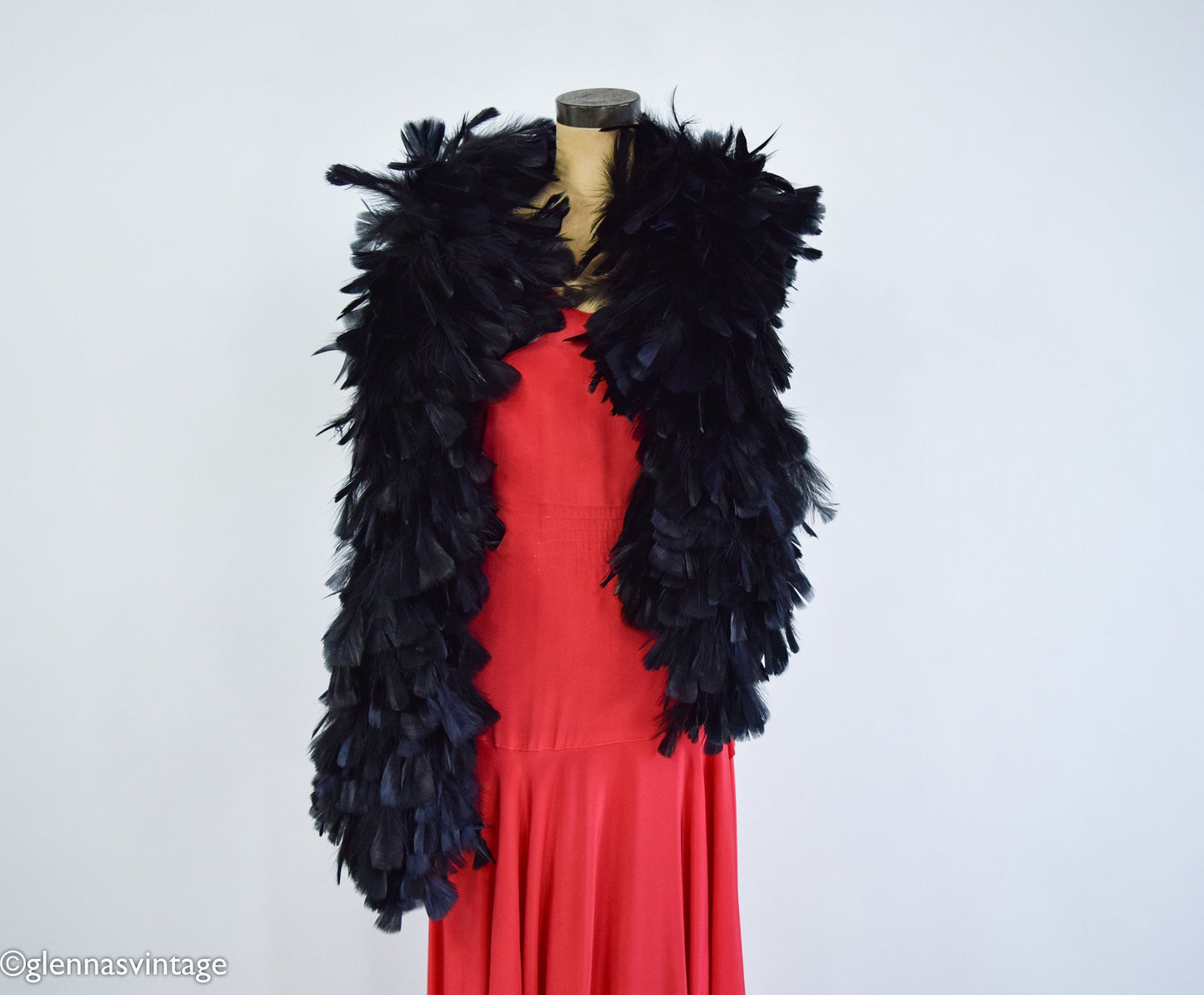 1900s Black Feather Boa with Silk Backing and Ties, Edwardian Era Scarf
