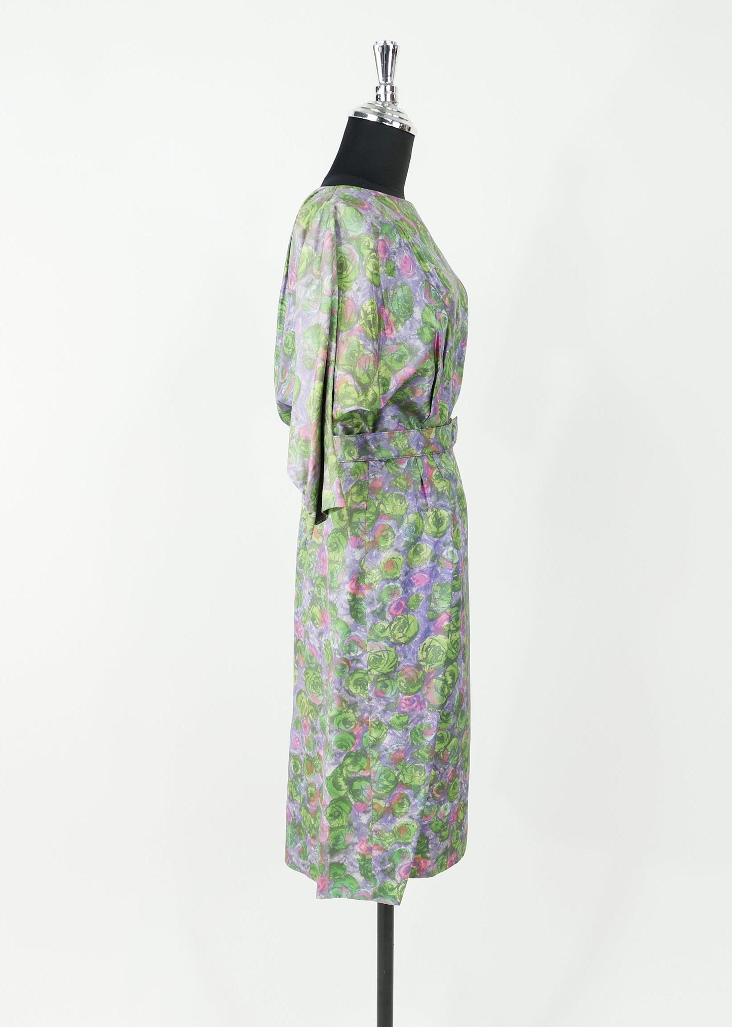 1950s Green Print Watercolor Day Dress, Large