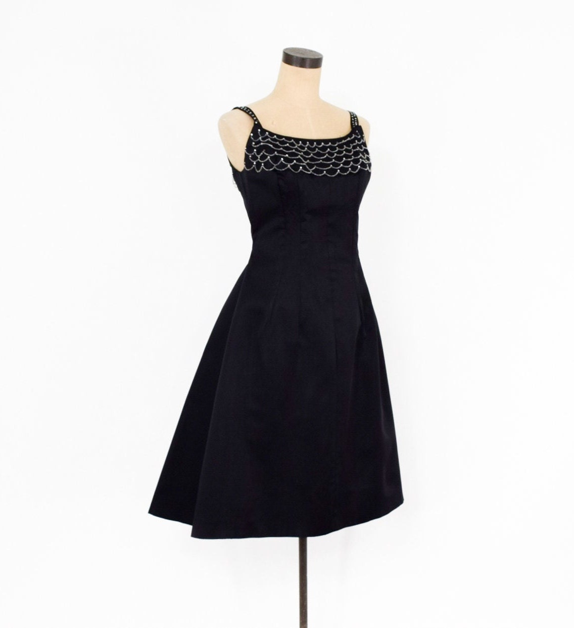 1950s Black Satin Cocktail Dress with Rhinestone Detail, Medium