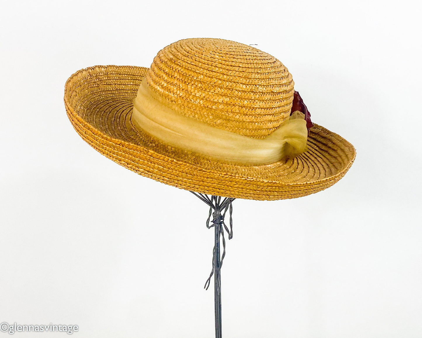 Vintage 90s Straw Hat with Dusty Rose