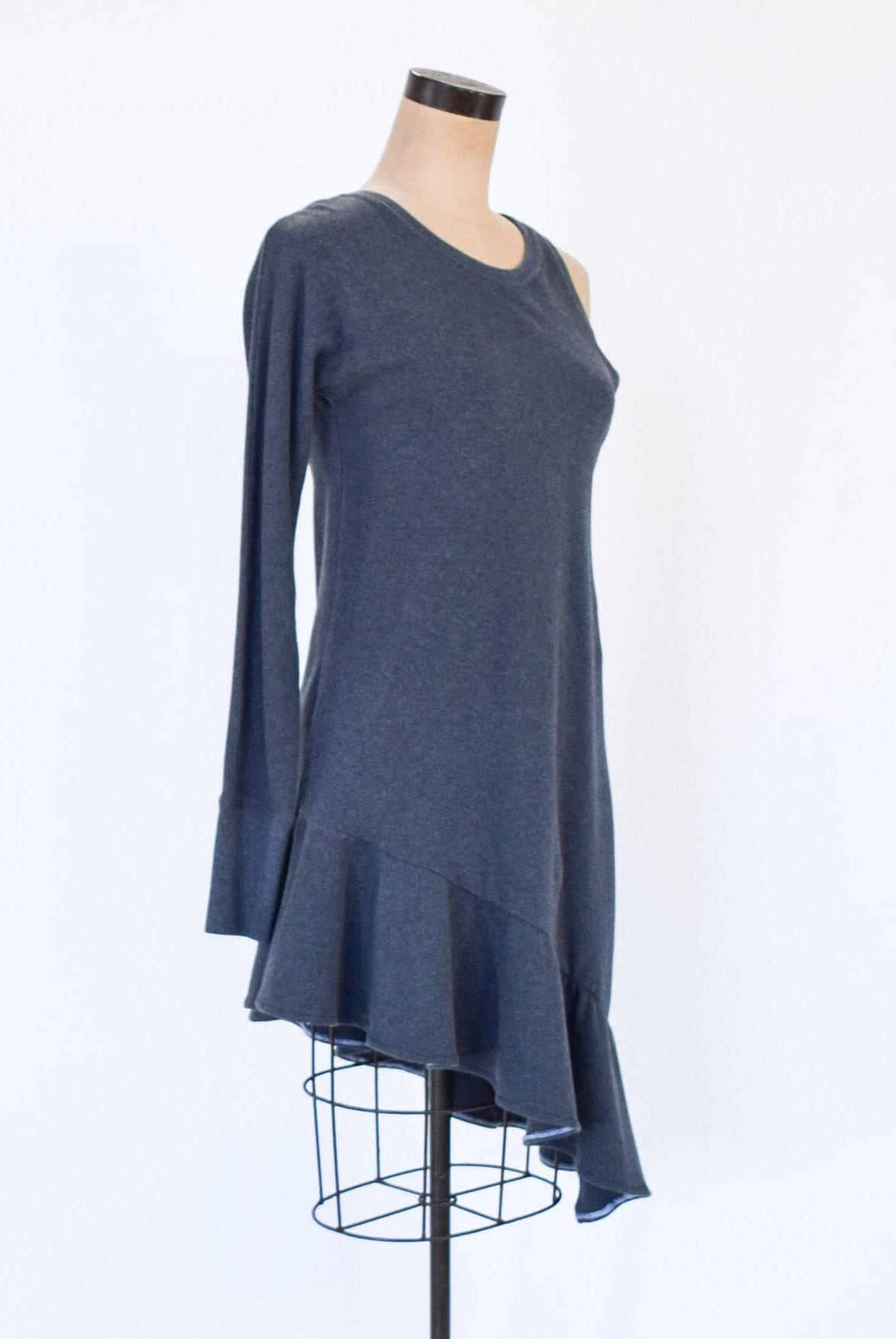 1990s Gray Knit Dress | 90s One-Sleeve Design Dress | Medium
