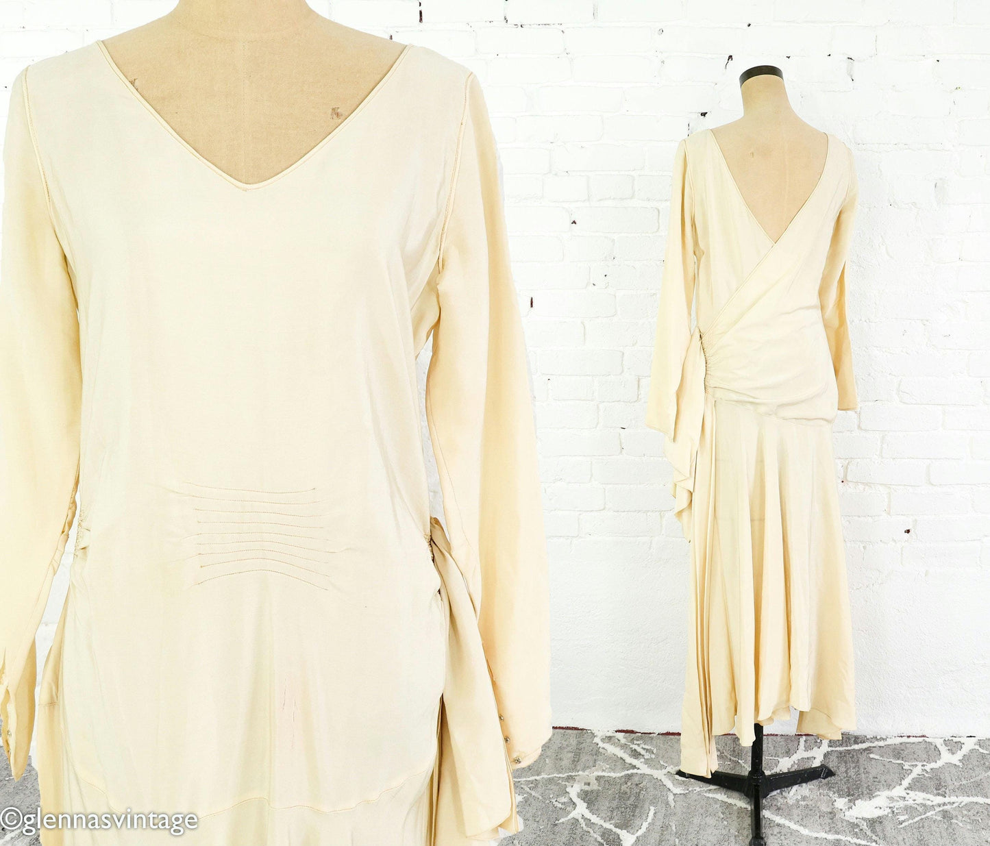 1930s Ivory Creme Silk Evening Dress, Long Sleeve Bridal Gown , Medium