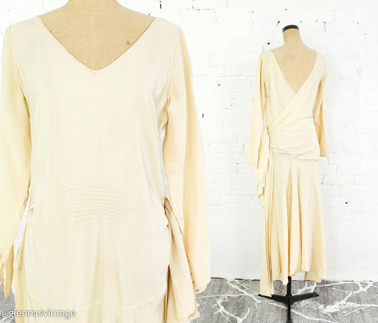 1930s Ivory Creme Silk Evening Dress, Long Sleeve Bridal Gown , Medium