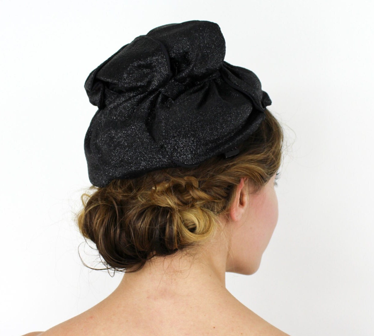 1950s Black Lamé Cocktail Hat, Black Glitter Fascinator
