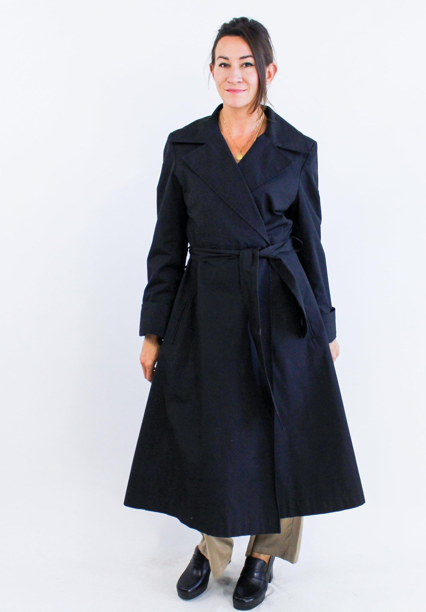 Diane von Furstenberg | 1980s Black Trench Coat l 80s Black Wrap Trench Coat | Diane von Furstenberg | Medium
