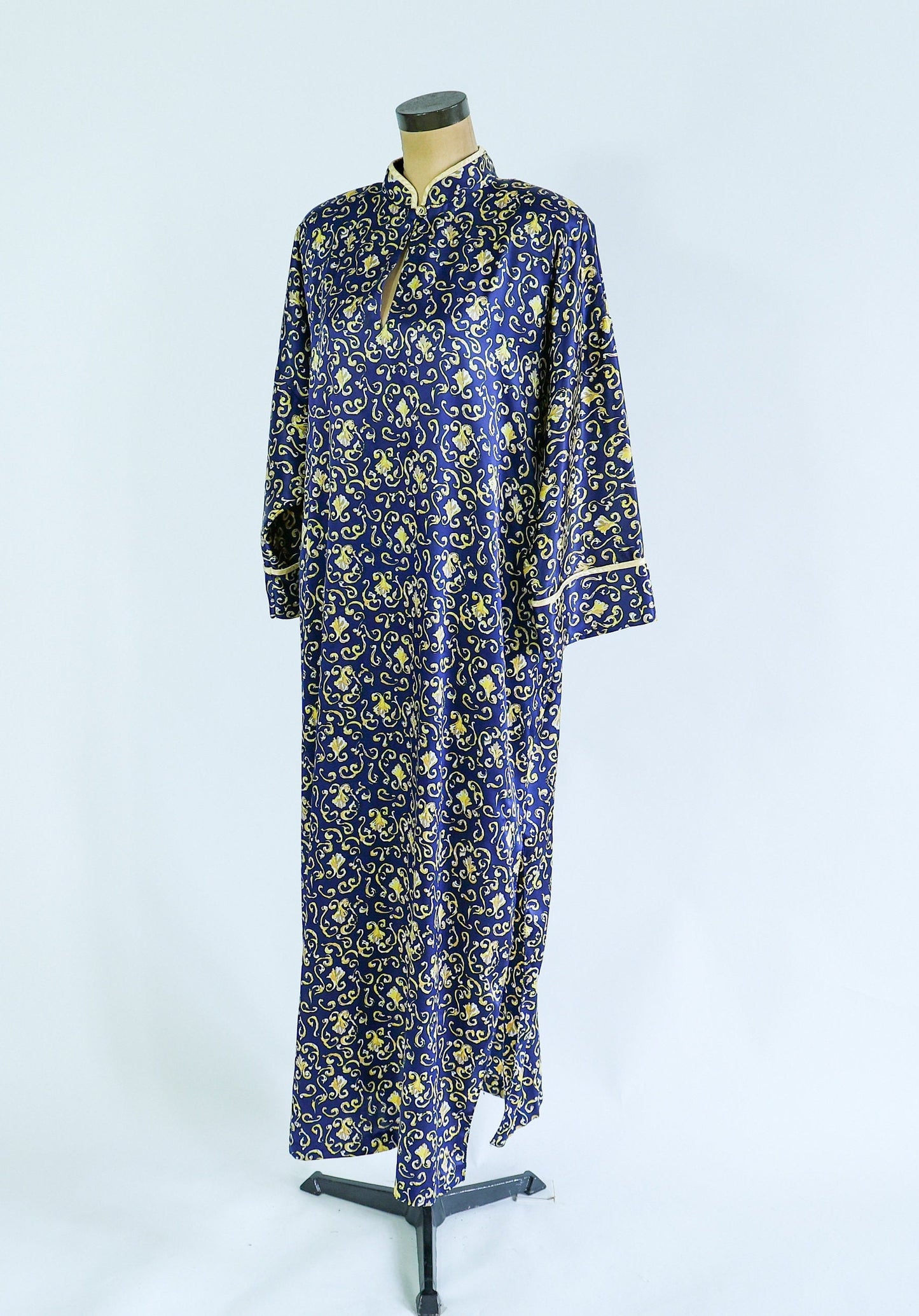 1980s Navy Satin Print Caftan | Mary McFadden | XL