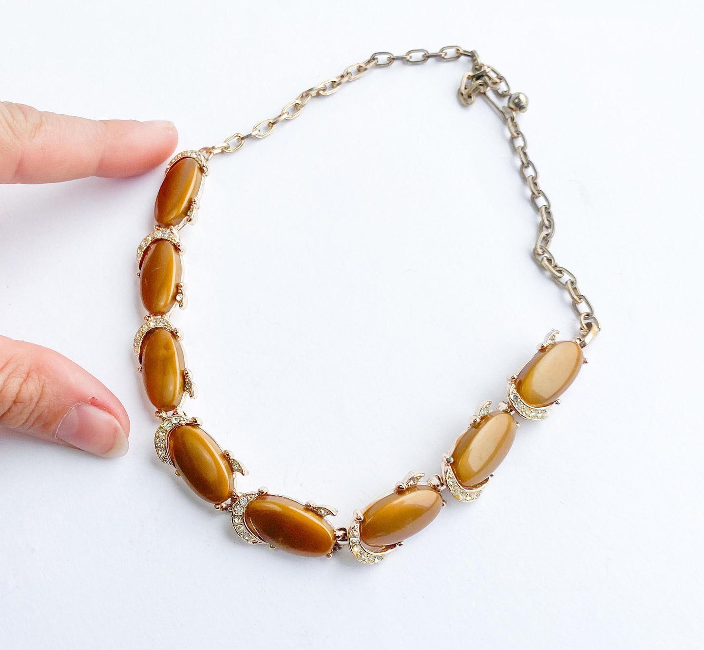 1960s Brown Plastic & Rhinestone Necklace | 60s Brown Lucite Necklace