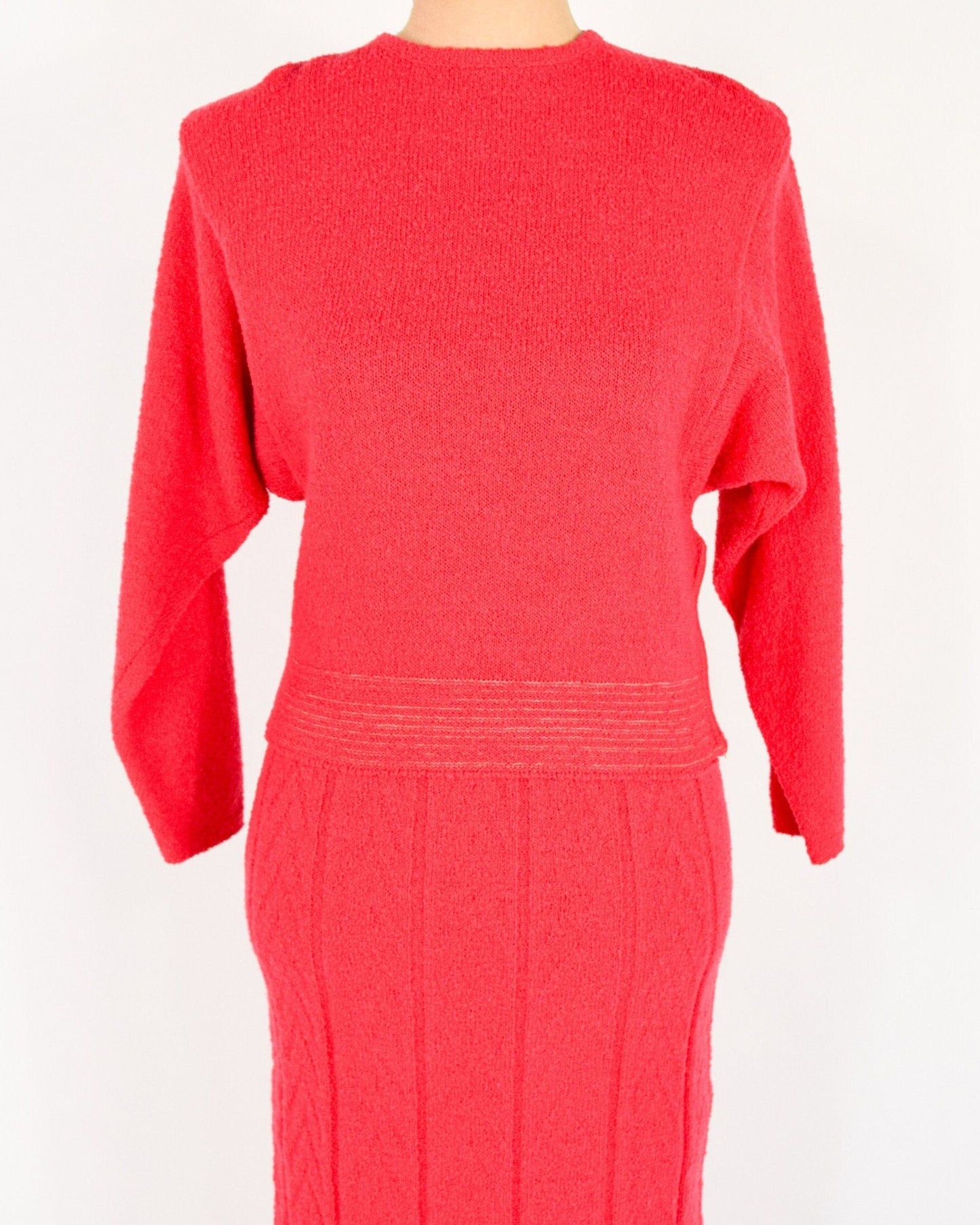 1940s Red Wool Knit Sweater Set | 40s Red Knit Sweater Skirt Set | KIMS | Medium