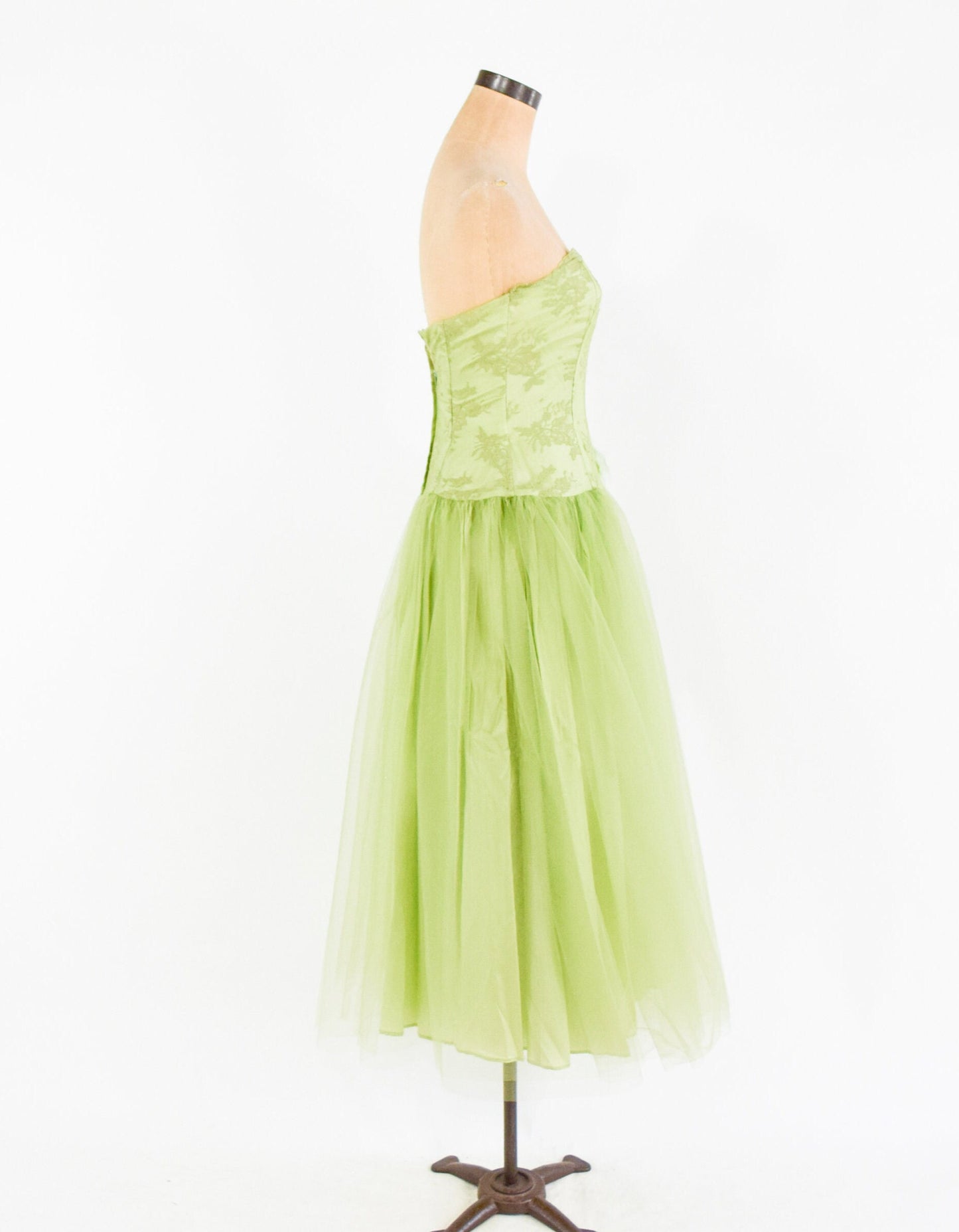 1990s Lime Green Party Dress | 90s Green Lace & Tulle Prom Dress | Green Strapless Evening Dress | Jessica McClintock | Small