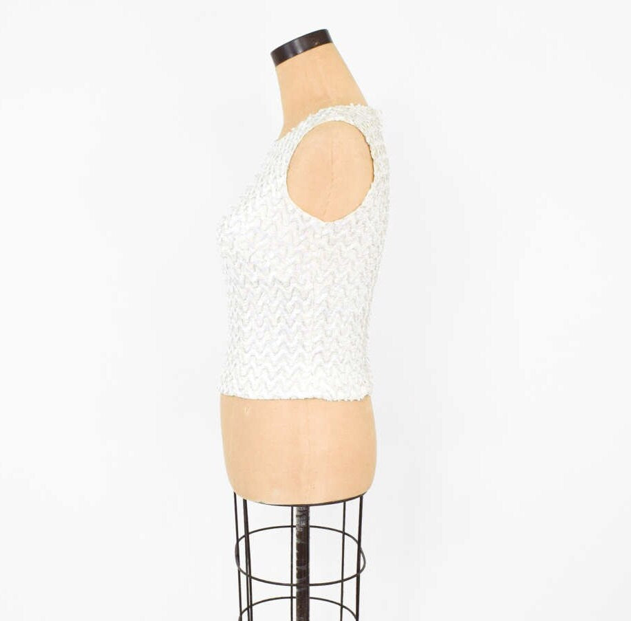 1950s White Sleeveless Beaded Top Shell, Extra Small