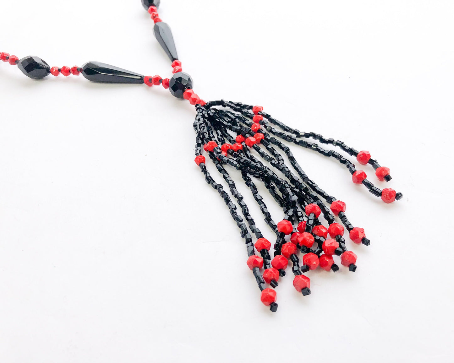 1920s Flapper Necklace | Red & Black Beaded Tassel Rope