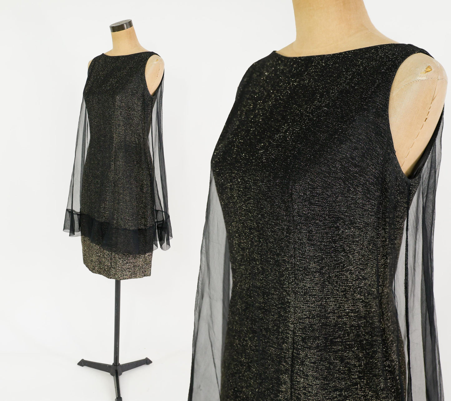 1960s Metallic Gold Black Dress