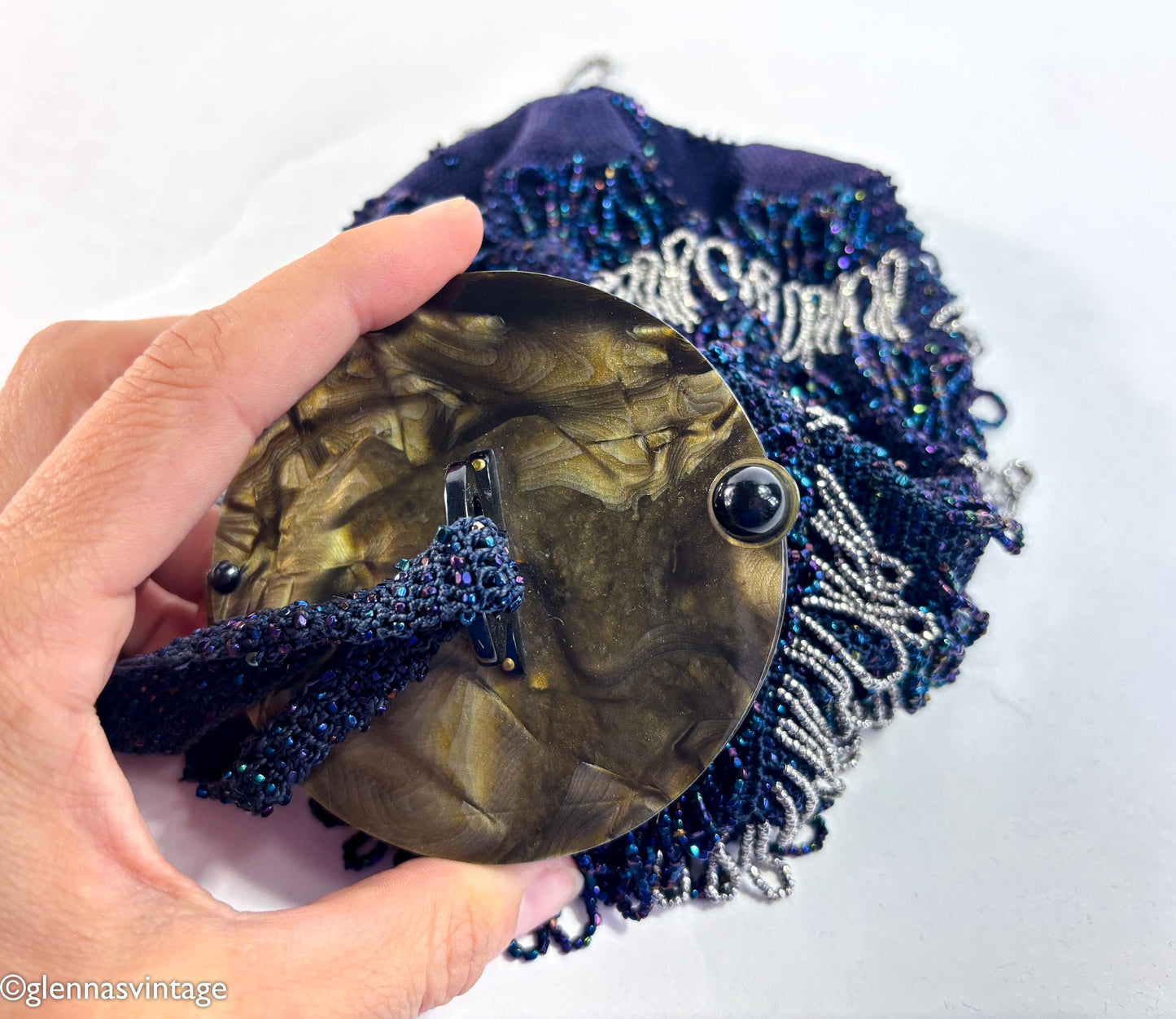 1900s Navy Beaded Pouch Evening Bag with Lucite Lid