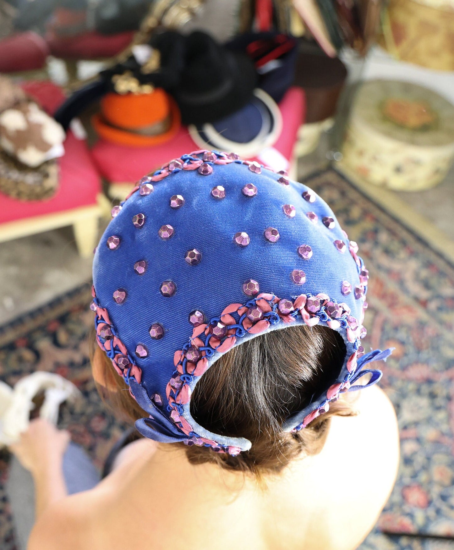 1950s Blue Velvet Beaded Fascinator Hat