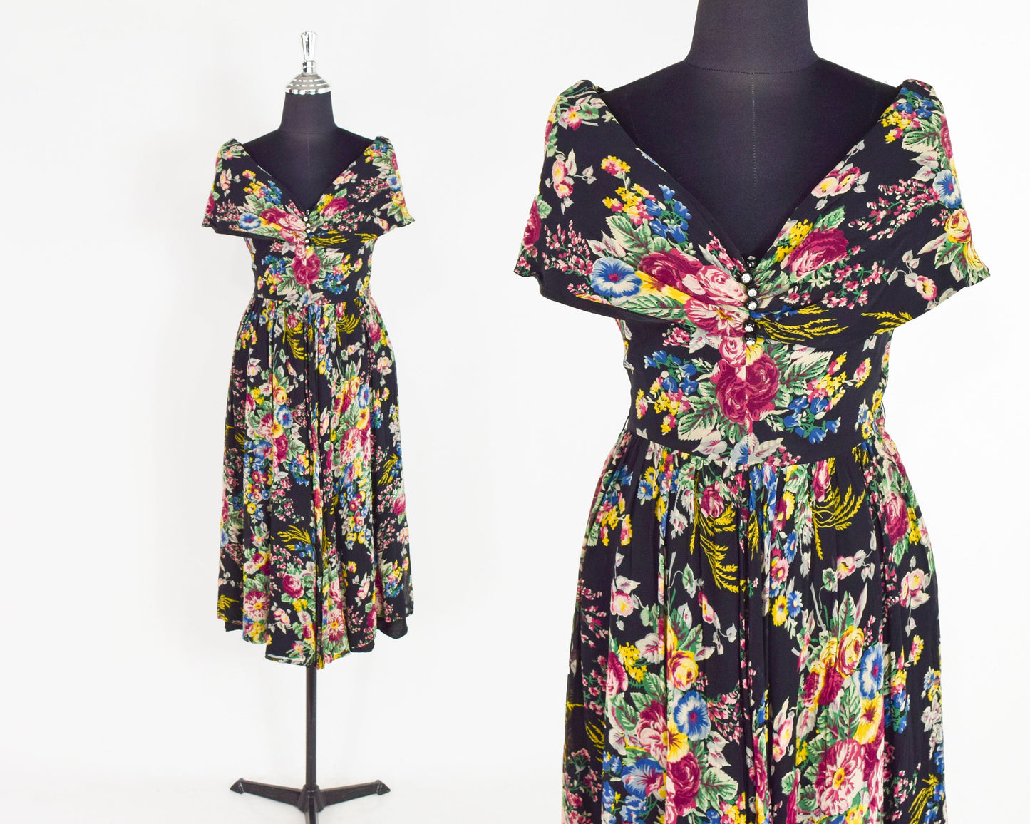 1940s Black Floral Party Dress | 40s Black Flowered Rayon Print Dress | X Small