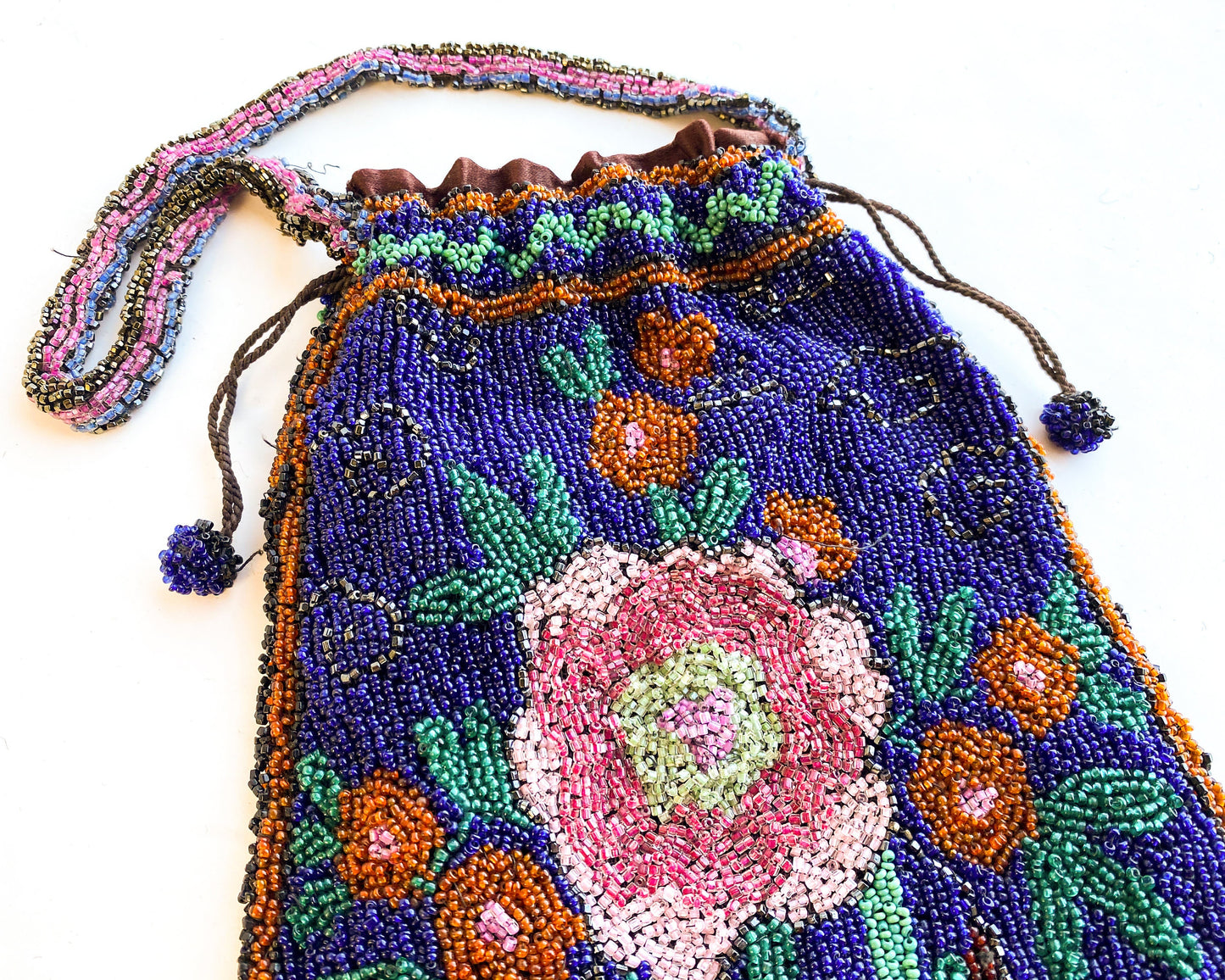 1900s Blue Floral Beaded Evening Bag | Blue & Pink Flower Beaded Handbag | Gustus Katz