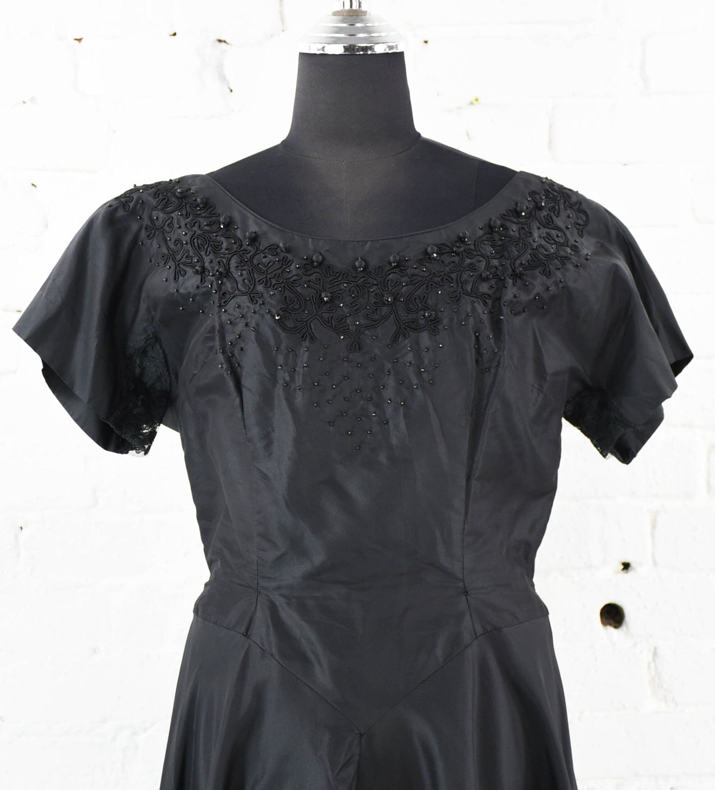 1950s Black Party Dress with Beaded Detail, Medium