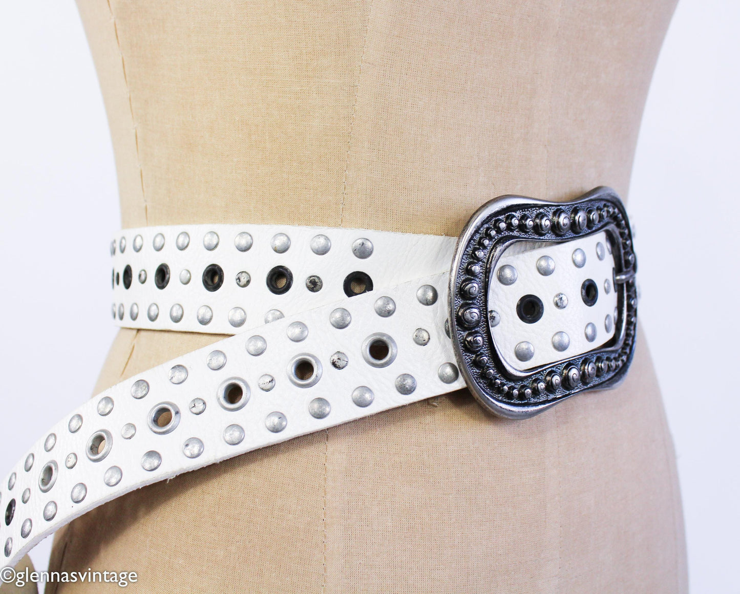 1980s White Leather Rivet Belt with Silver Buckle, Medium