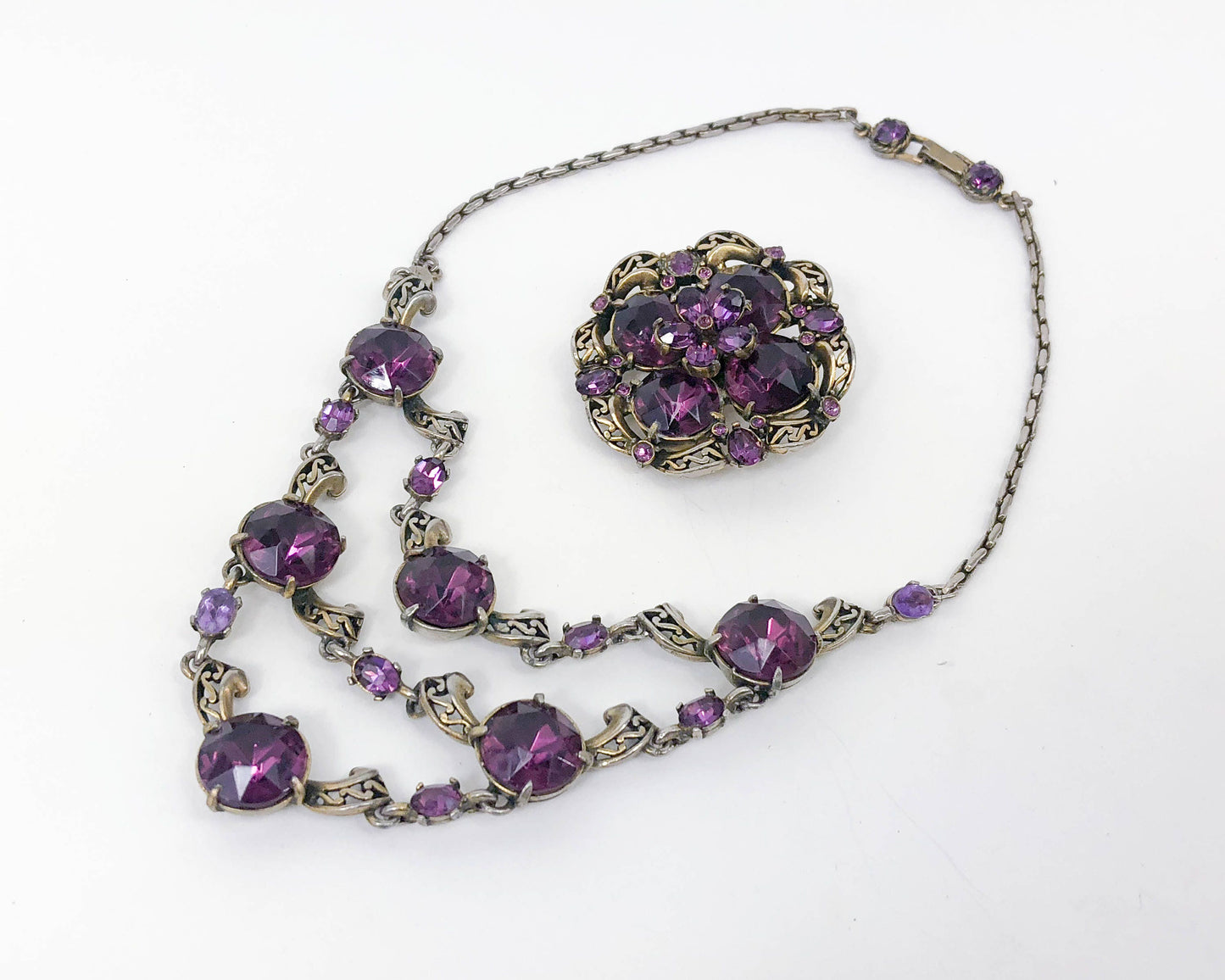 Hollycraft 1950s Amethyst Necklace Brooch Set | Purple Necklace & Trembler Pin