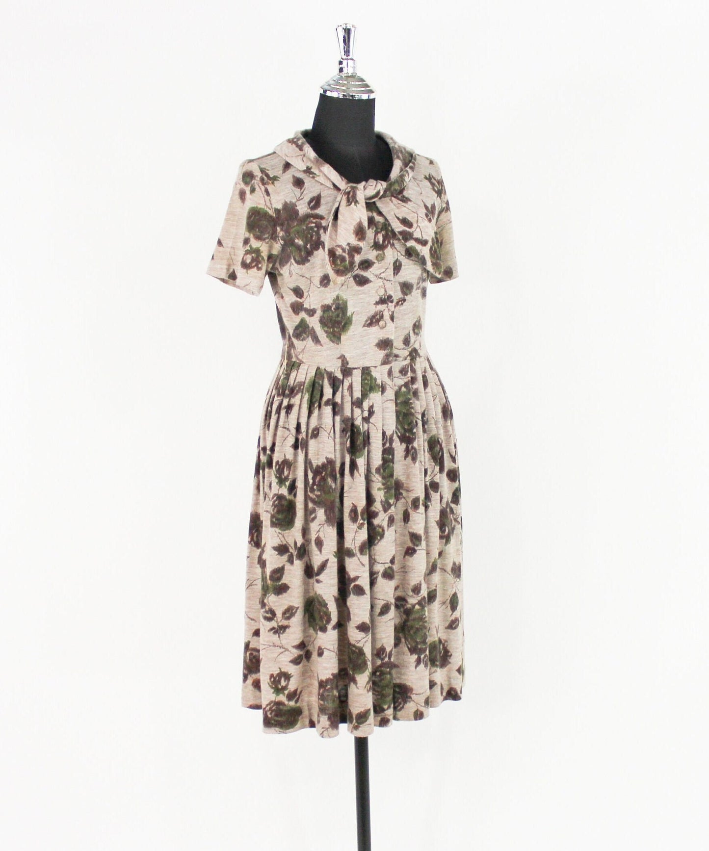 1950s Beige & Brown Floral Print Wool Dress, Small