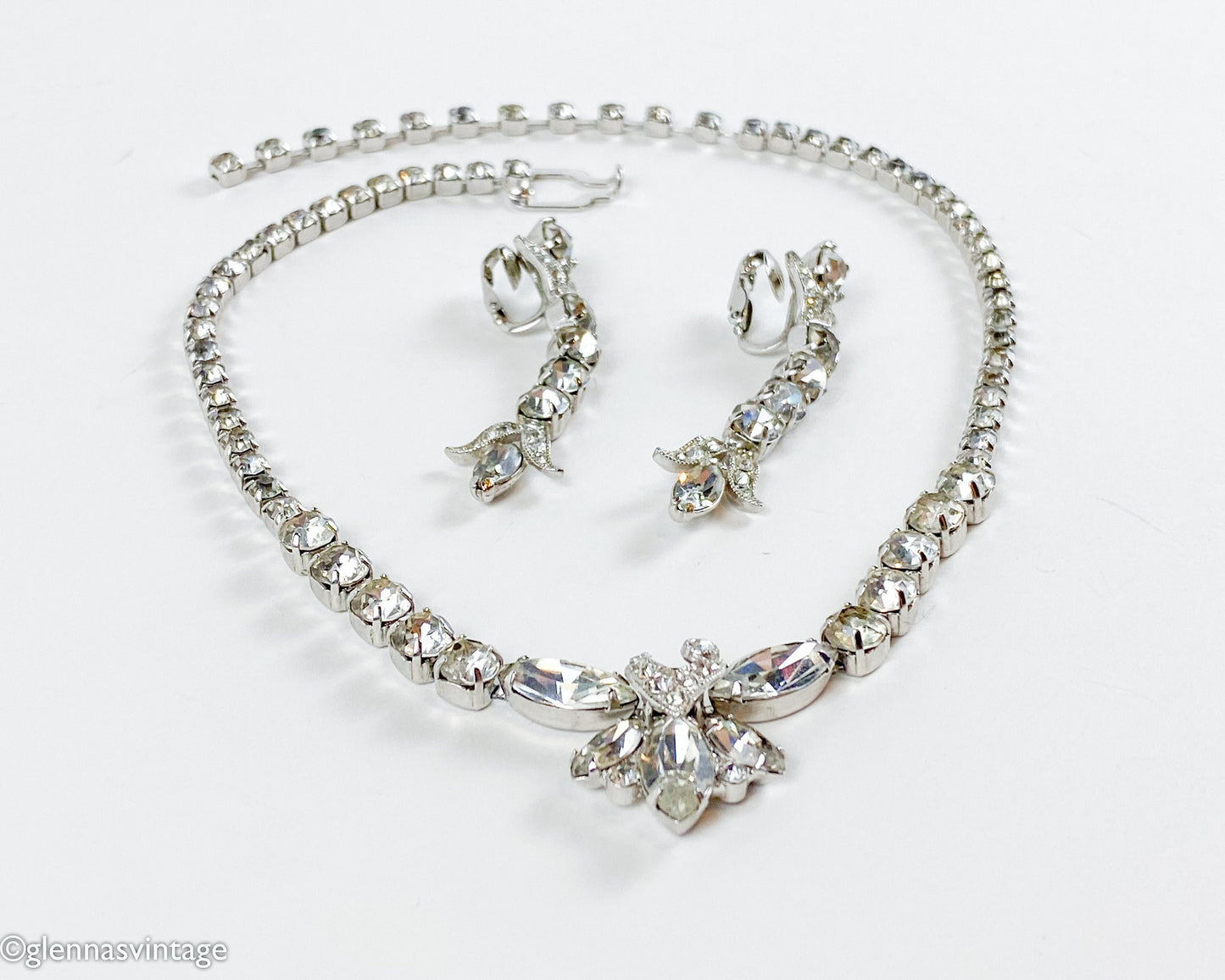 Eisenberg | 1950s Rhinestone Necklace & Earrings Set | 50s Rhinestone Pendant Necklace | Matching Earrings | Eisenberg E