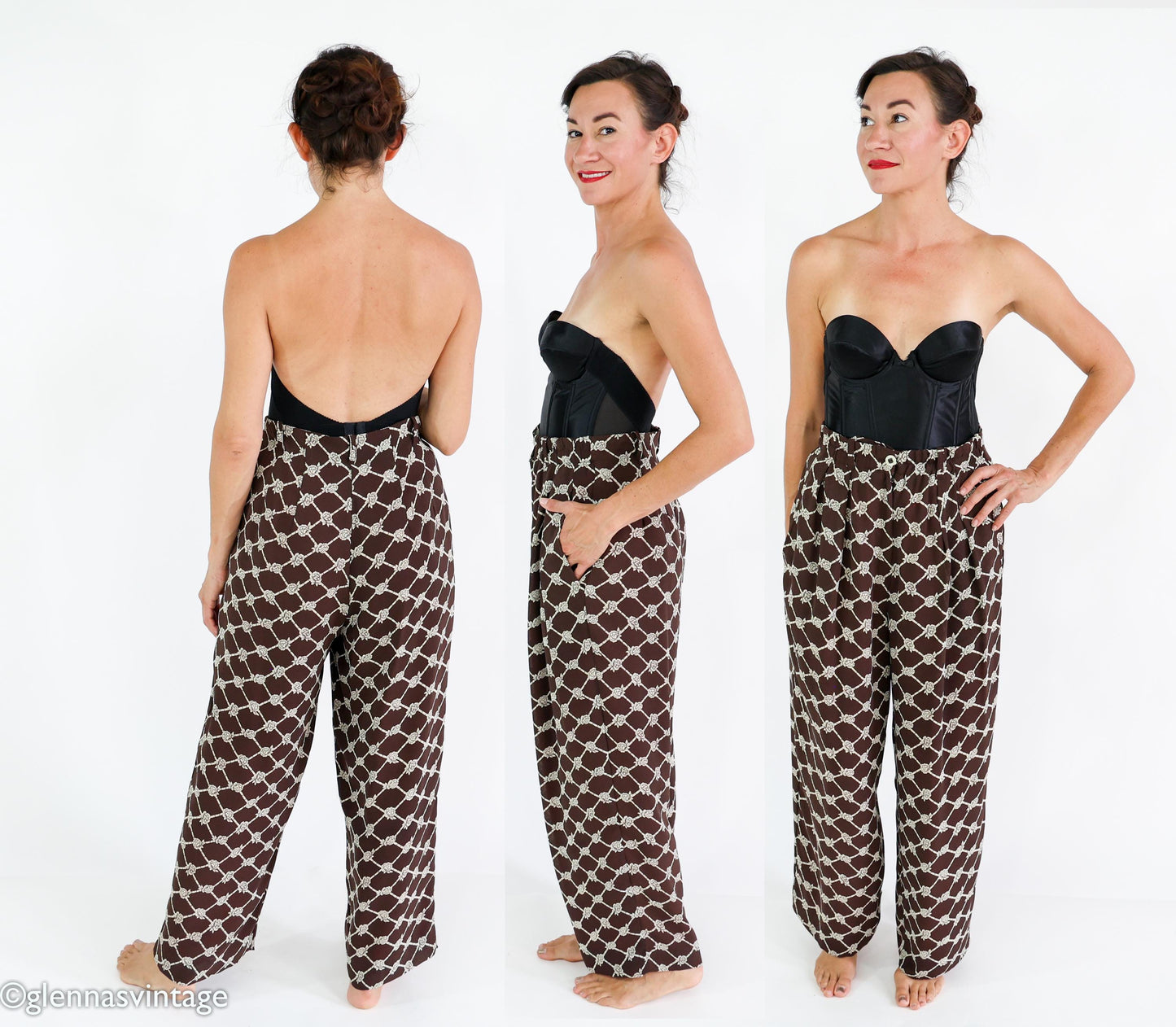 1990s Brown Print Dress & Pants | Sleeveless Dress Pant Set, Large
