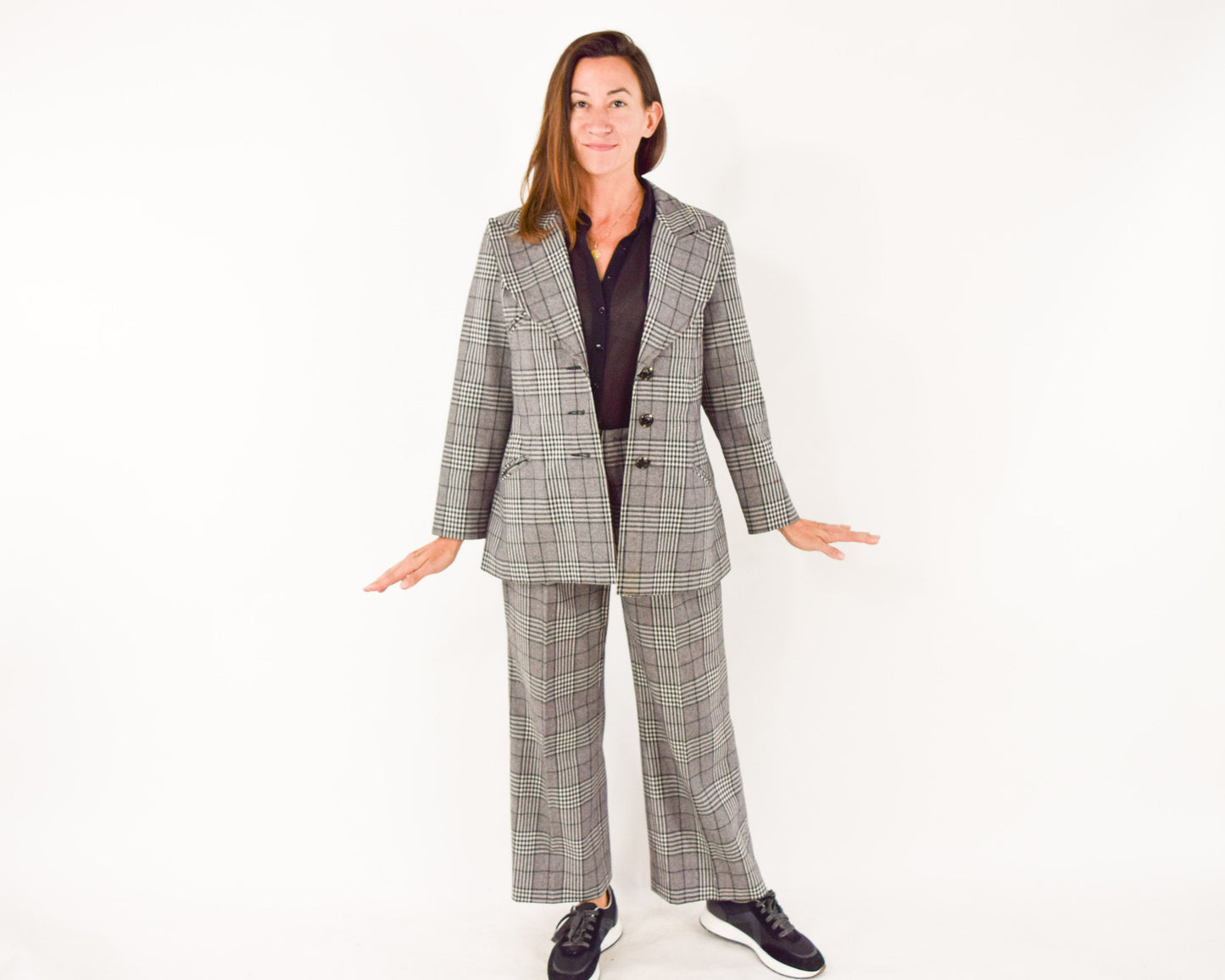1970s Gray Plaid Wool Pantsuit, Jacket & Pants Set, Large