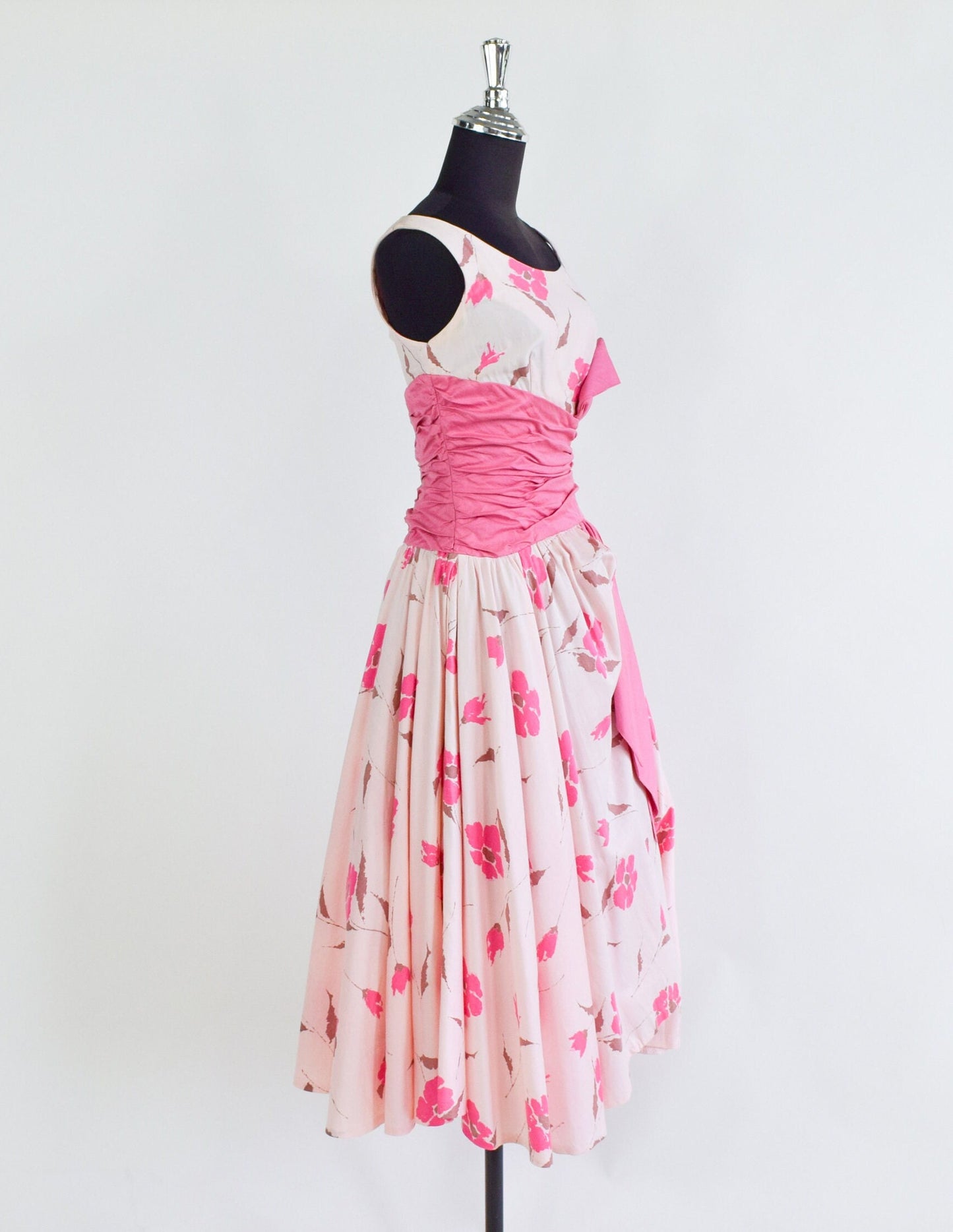 1950s Pink Floral Cotton Party Dress, Small