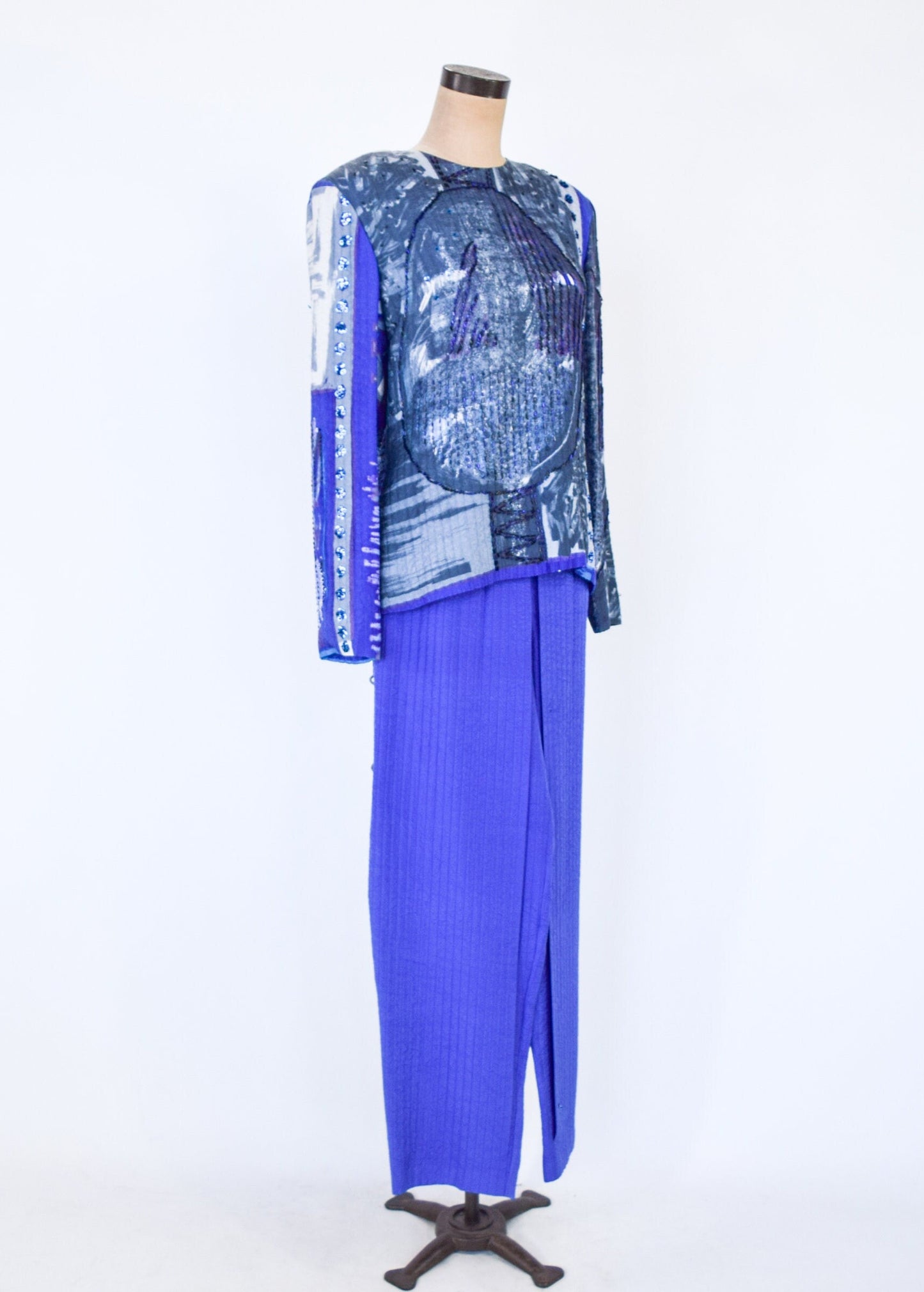 1980s Blue Silk Sequin Pant Set | 80s Purple Silk Evening Pantsuit | ICINOO | Medium