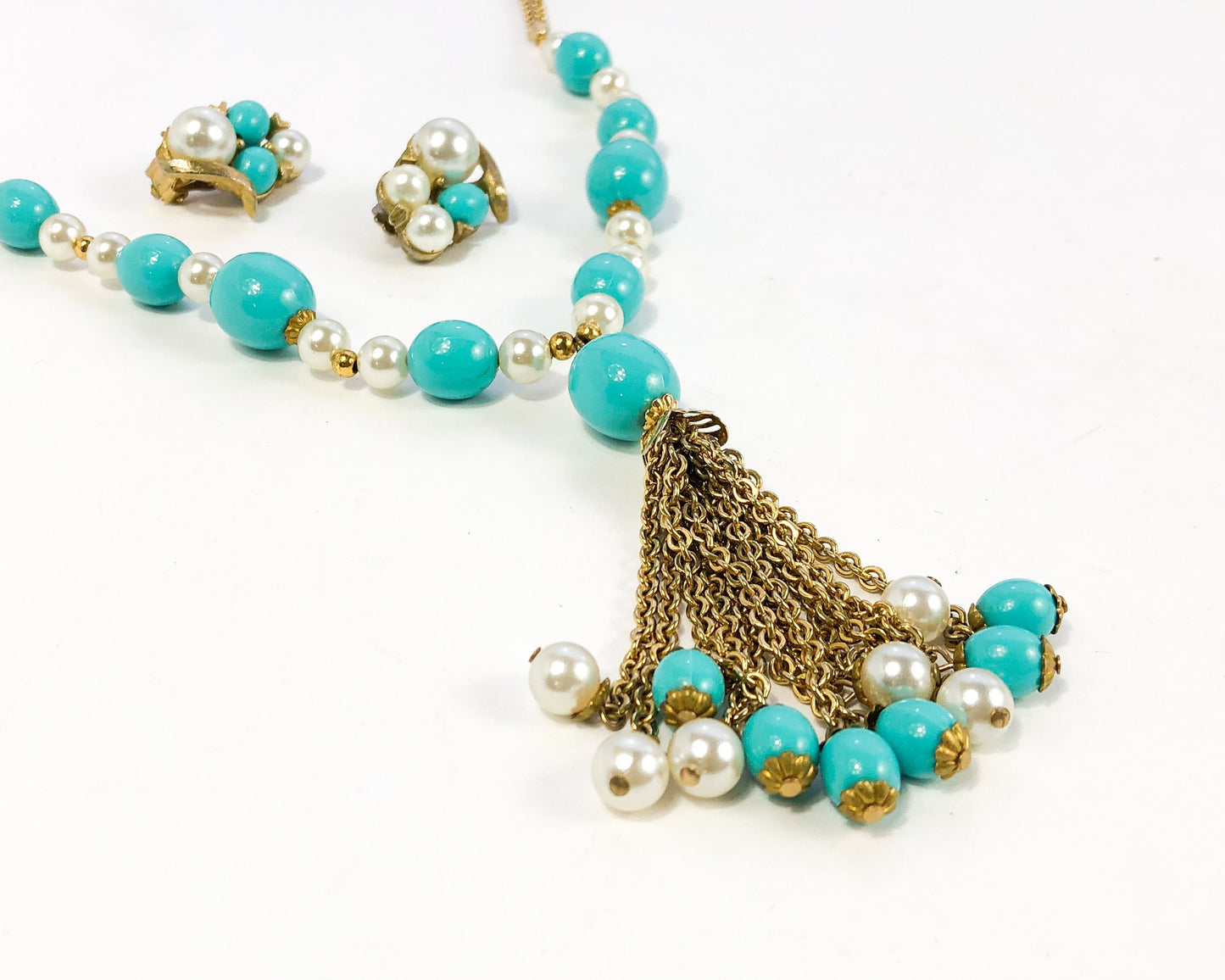 1960s Turquoise and Faux Pearl Necklace Set | Gold Pendant and Clip Earrings