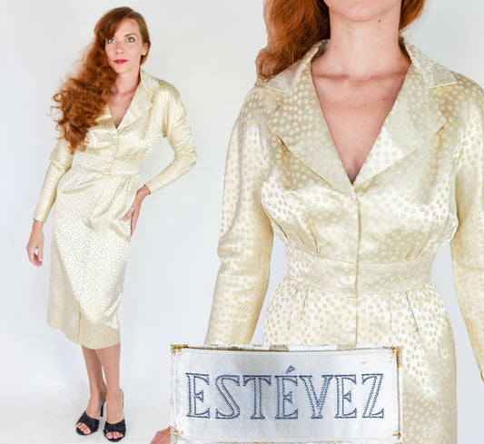 Estevez 1950s Gold Brocade Cocktail Dress, Small
