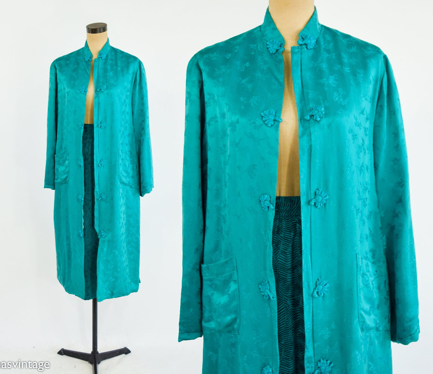 1960s Turquoise Silk Evening Coat | 60s Emerald Green Silk Coat | Cathay | Large