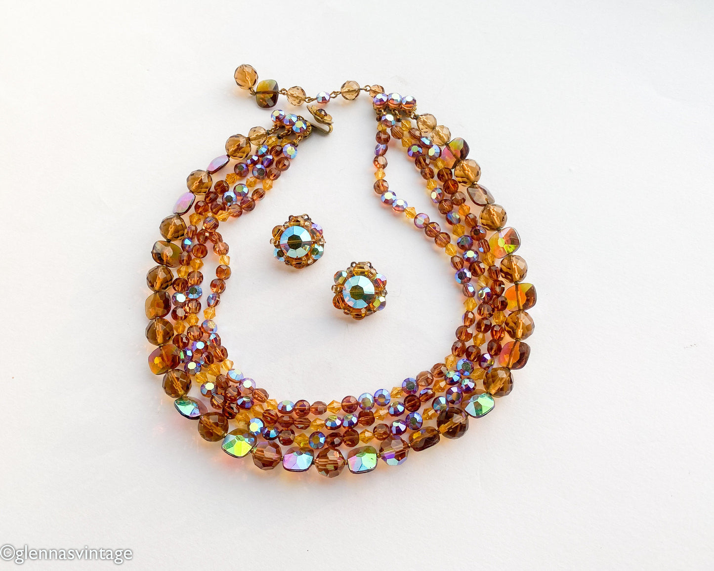 1950s Gold Crystal Necklace Set & Clip Earrings Set, De Mario Jewelry Set