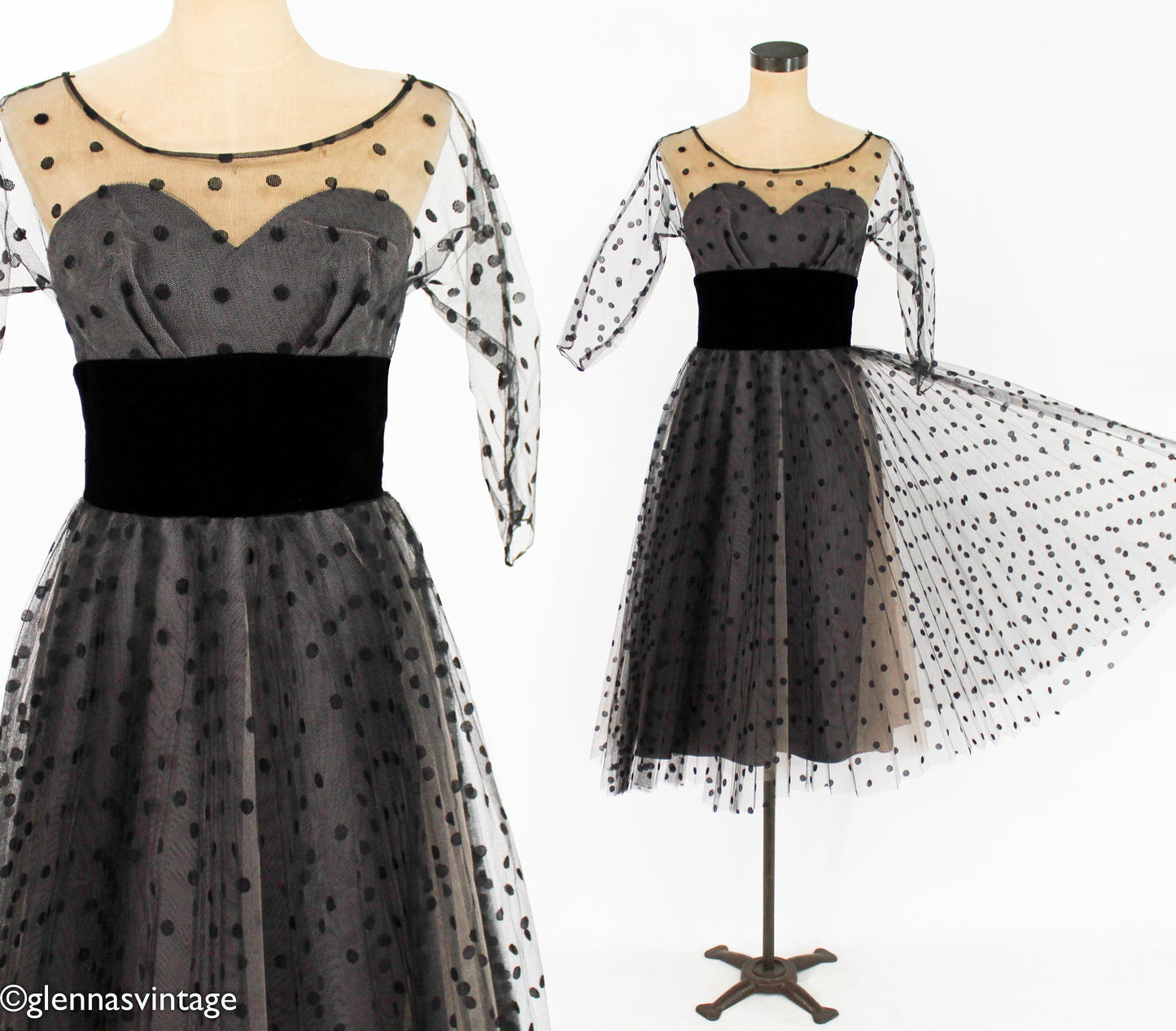 1950s Black Polka Dot Tulle Party Dress, Extra Small