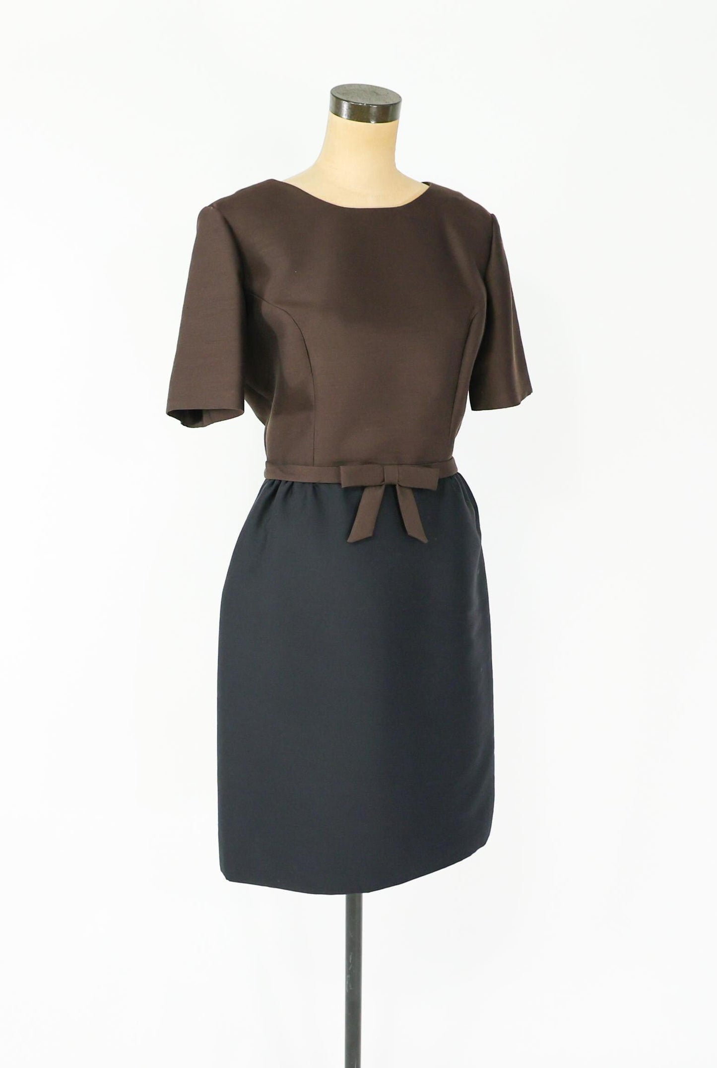 1950s Brown Black Silk Shantung Dress, Large