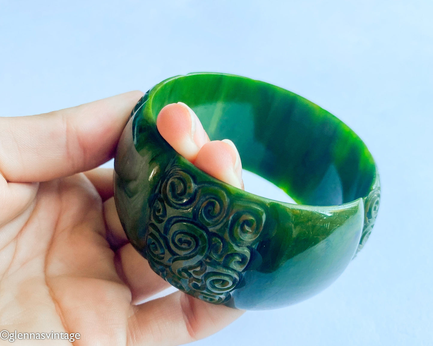 1930s Carved Olive Green Bakelite Bangle | Vintage Wide Bracelet